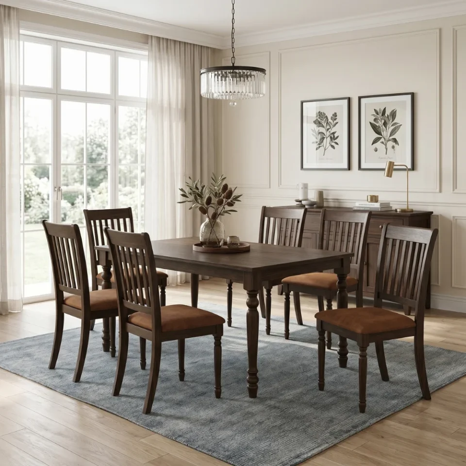 Swivel 1+6 Wooden Dining Table – Cherry Brown…
