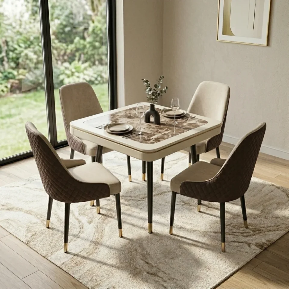 Ridona Dining Set with Marble Top- Beige Brown…