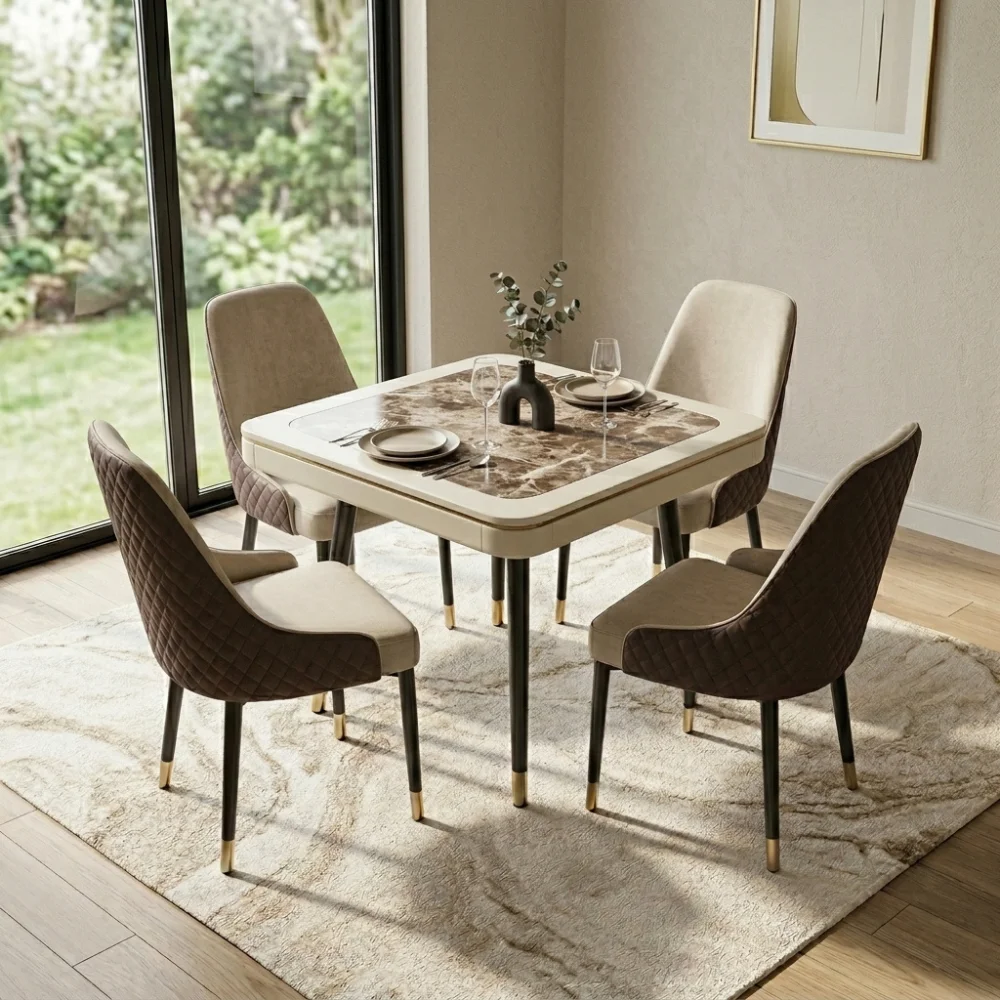 Ridona Dining Set with Marble Top- Beige Brown