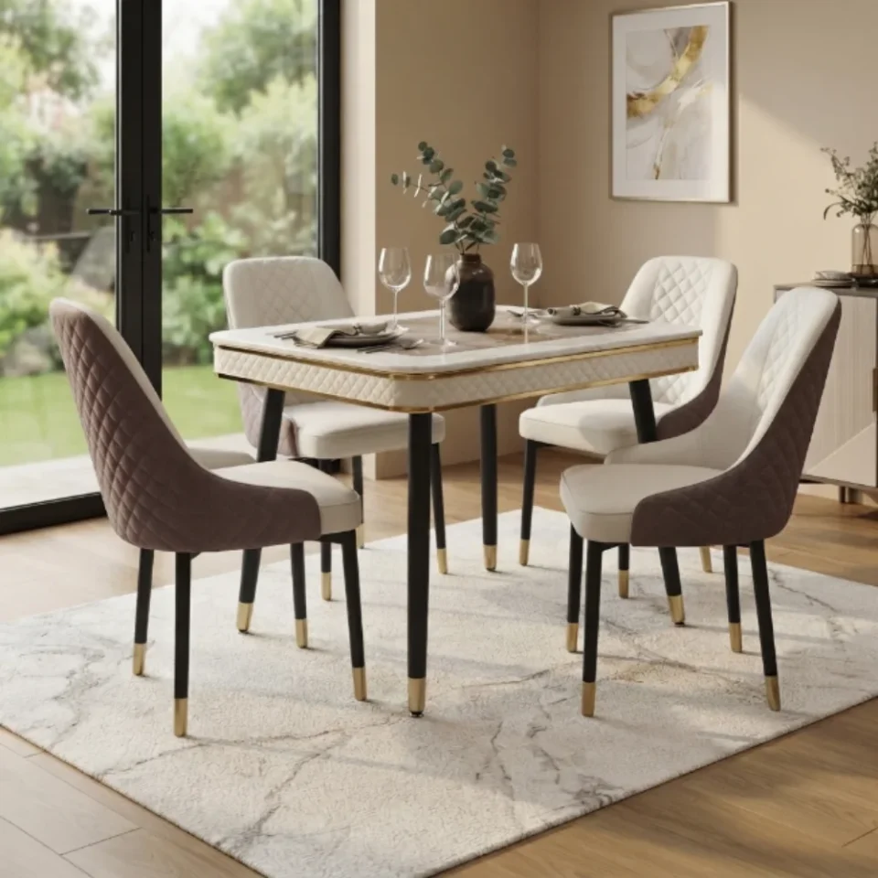 Ridona Dining Set with Marble Top- Beige Brown…