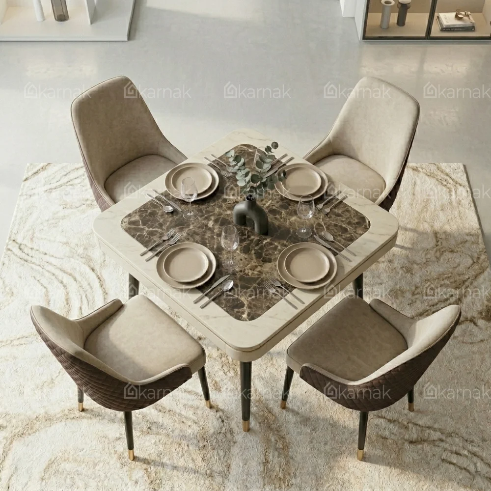 Ridona Dining Set with Marble Top- Beige Brown