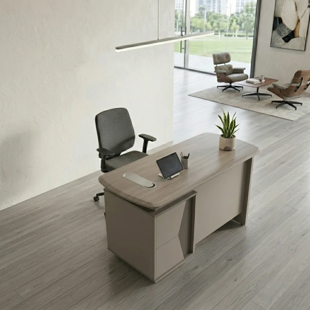 Raul Office Table – Oak Grey + Khaki