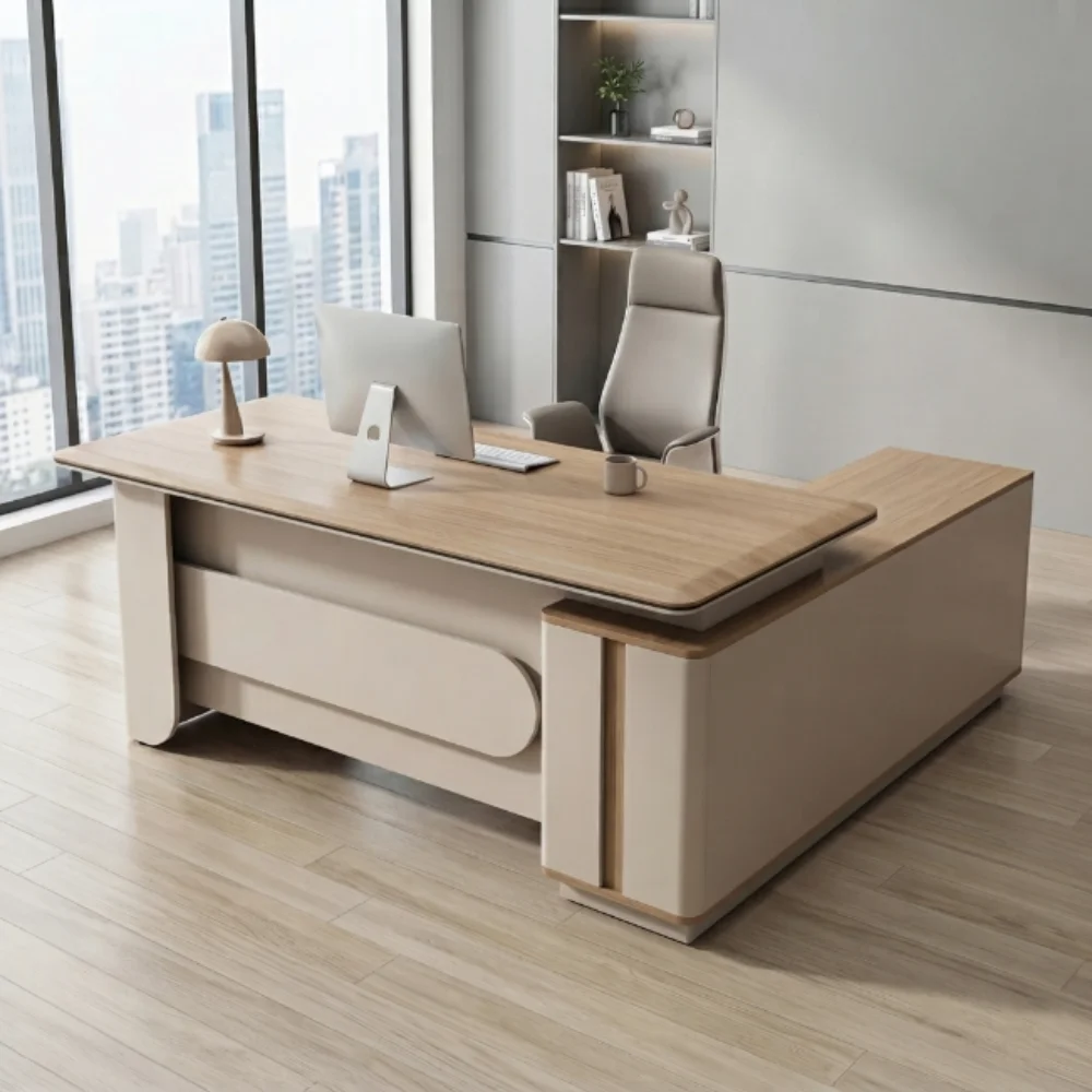 Raul L Shape Manager Office Table – Oak Grey + Khaki