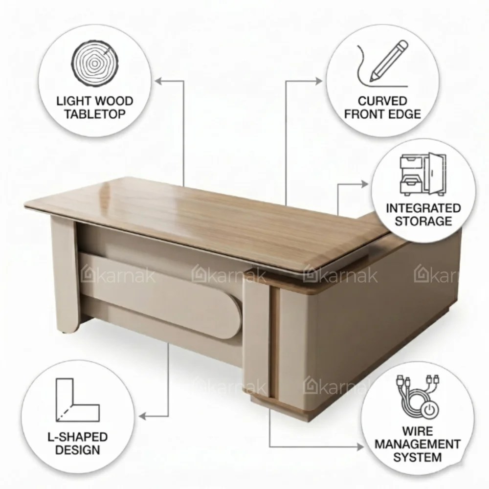 Raul L Shape Manager Office Table – Oak Grey + Khaki
