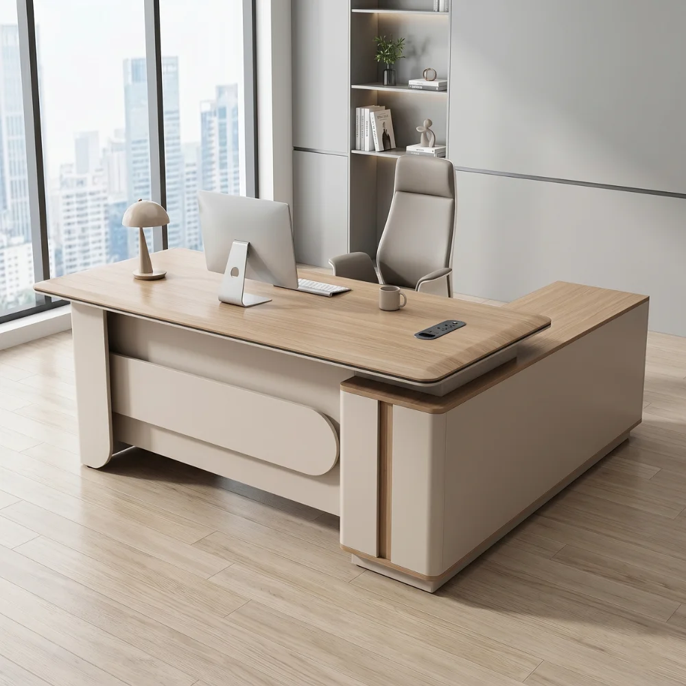 Raul L Shape Manager Office Table – Oak Grey + Khaki