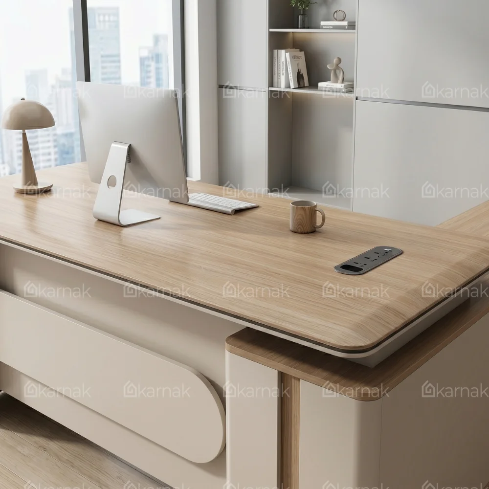 Raul L Shape Manager Office Table – Oak Grey + Khaki