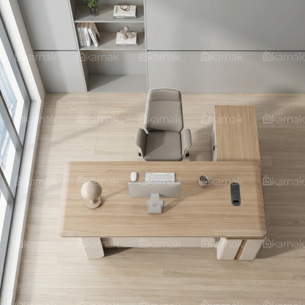 Raul L Shape Manager Office Table – Oak Grey + Khaki