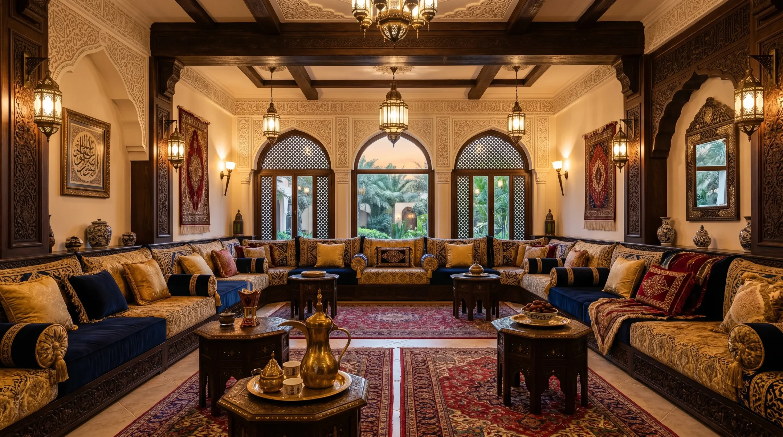 Arabic majlis furniture Dubai, traditional low seating set in UAE villa