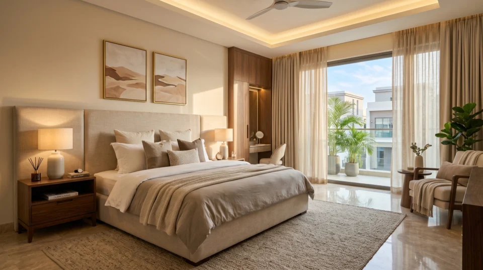 Premium bedroom furniture Dubai — king size bed and wardrobe set in a modern UAE villa
