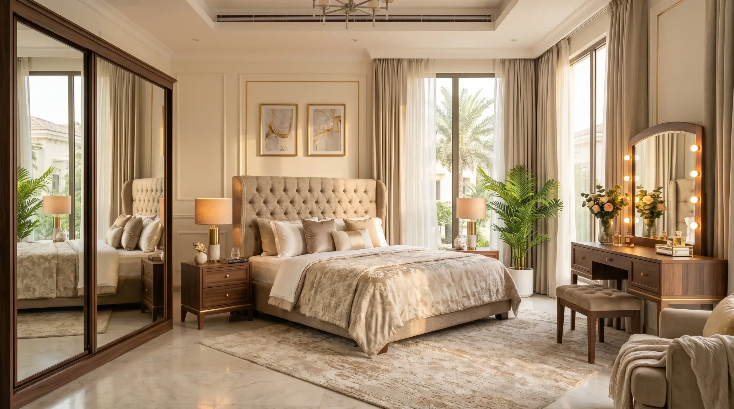 Complete bedroom sets Dubai — king bed, wardrobe, and dressing table set in a modern UAE villa by Karnak Home