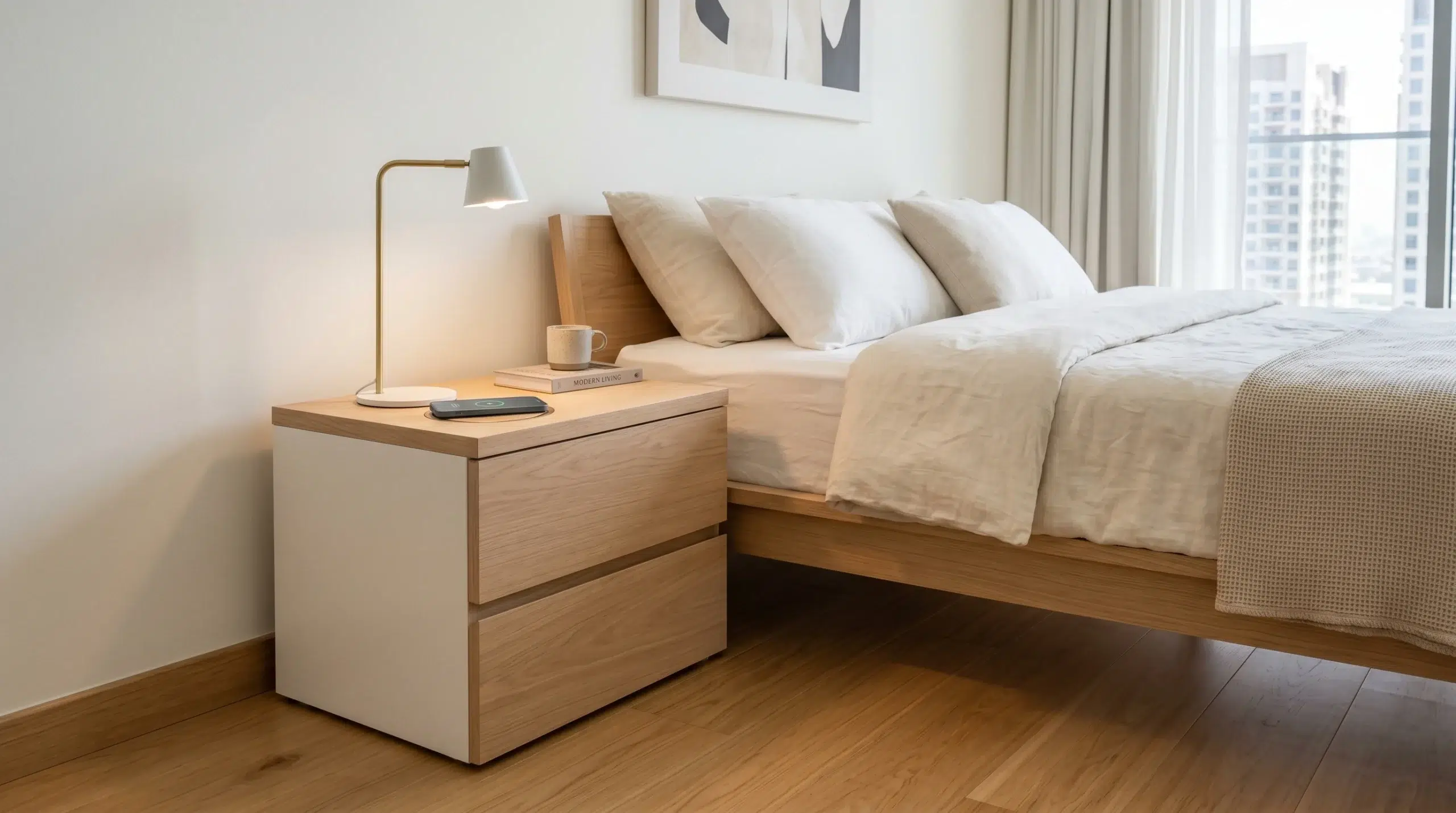 Bedside table with charging port Dubai — integrated USB and wireless charging nightstand for UAE bedrooms by Karnak Home