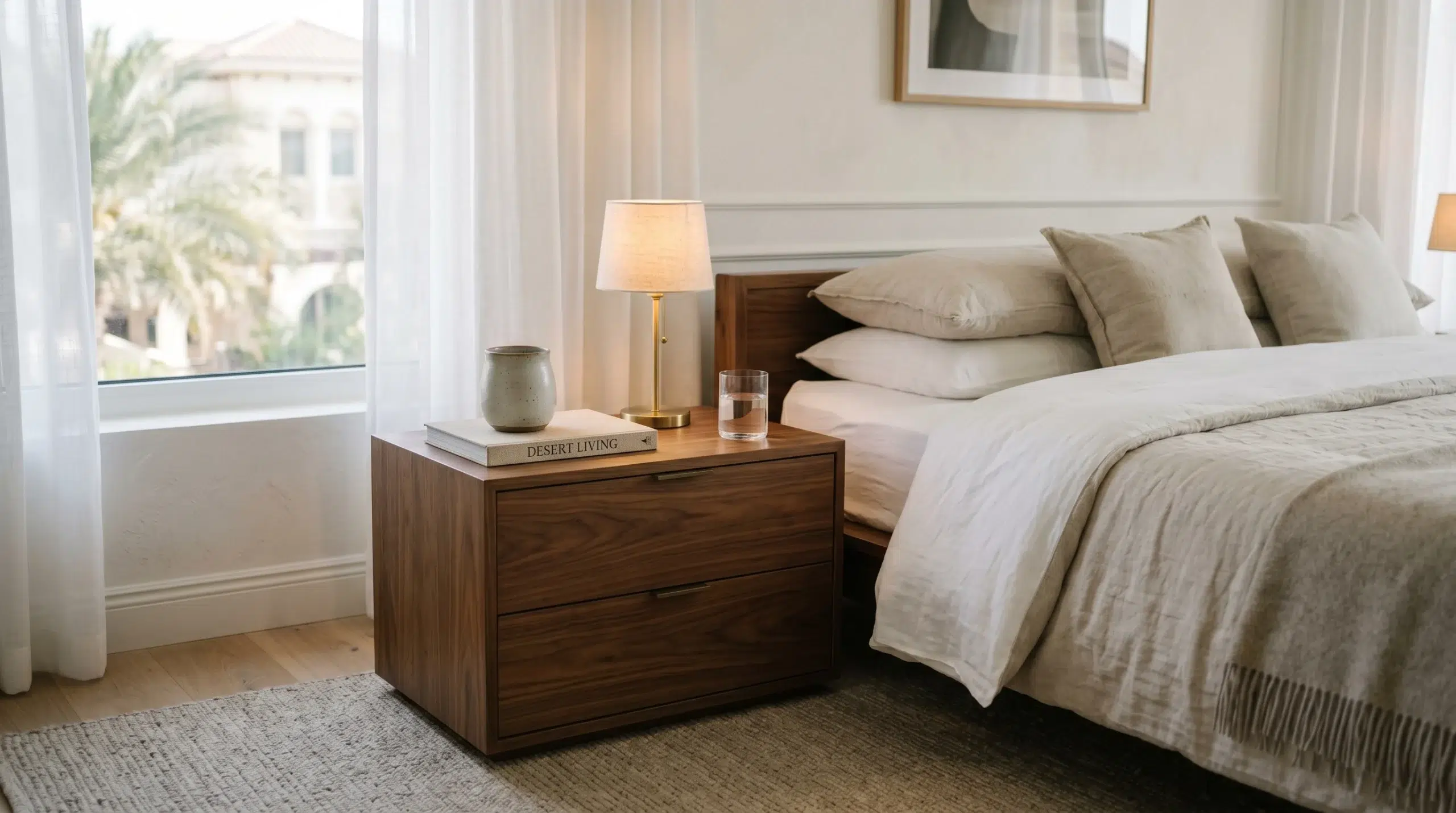 Premium bedside tables Dubai — walnut two-drawer nightstand beside a king bed in a modern UAE villa bedroom by Karnak Home