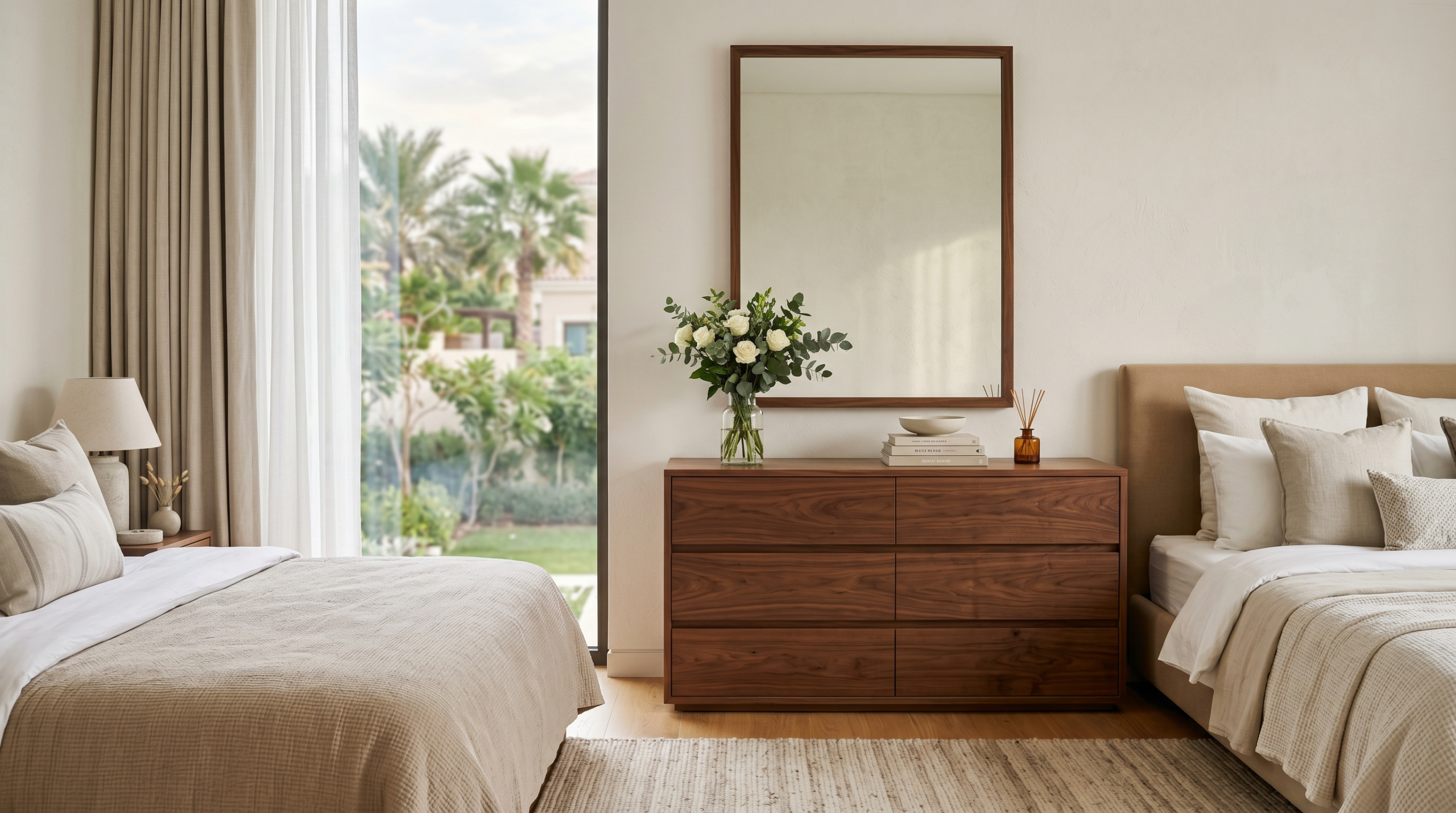 Premium chest of drawers Dubai ā wide wooden drawer unit in a modern UAE bedroom by Karnak Home