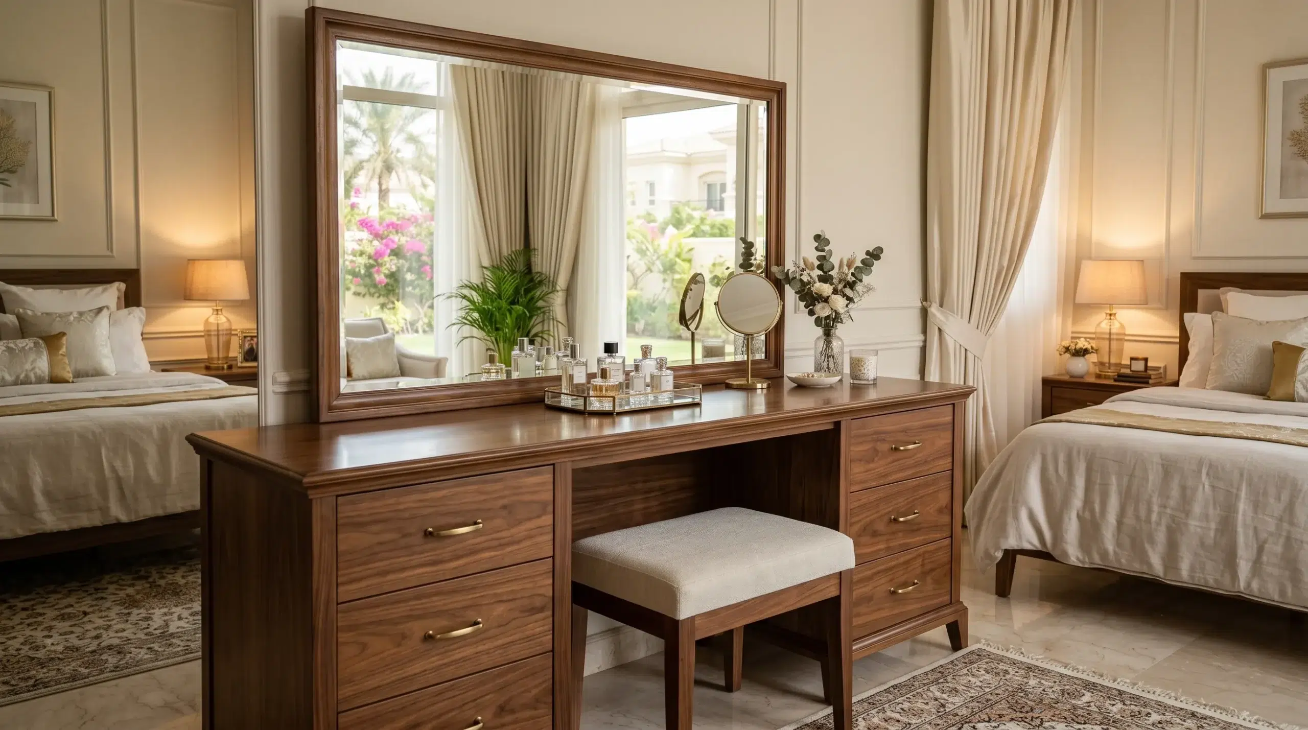 Classic dressing table with mirror and stool Dubai — walnut wood vanity unit by Karnak Home