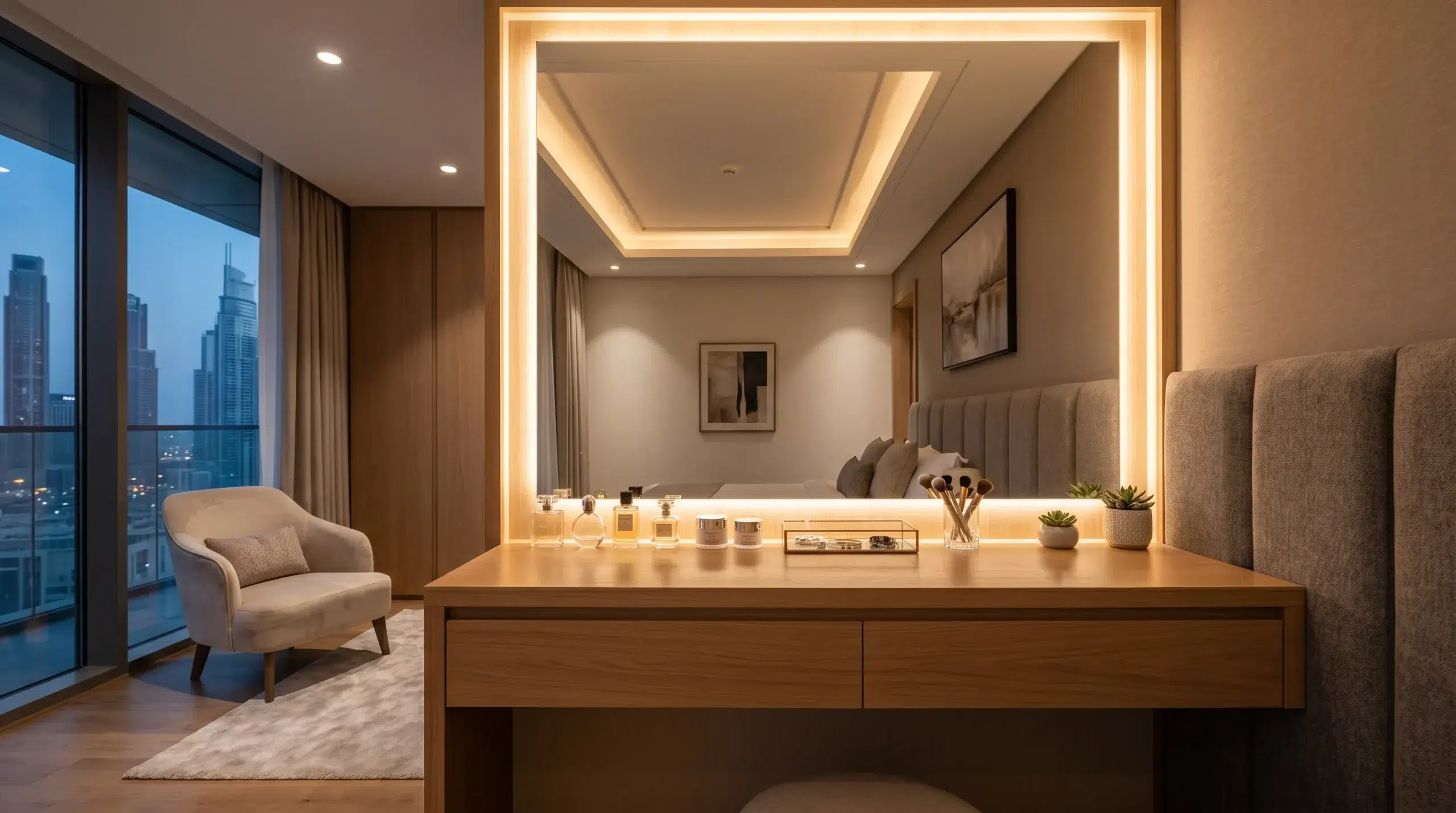 Dressing table with LED mirror Dubai — illuminated vanity unit for UAE bedrooms by Karnak Home