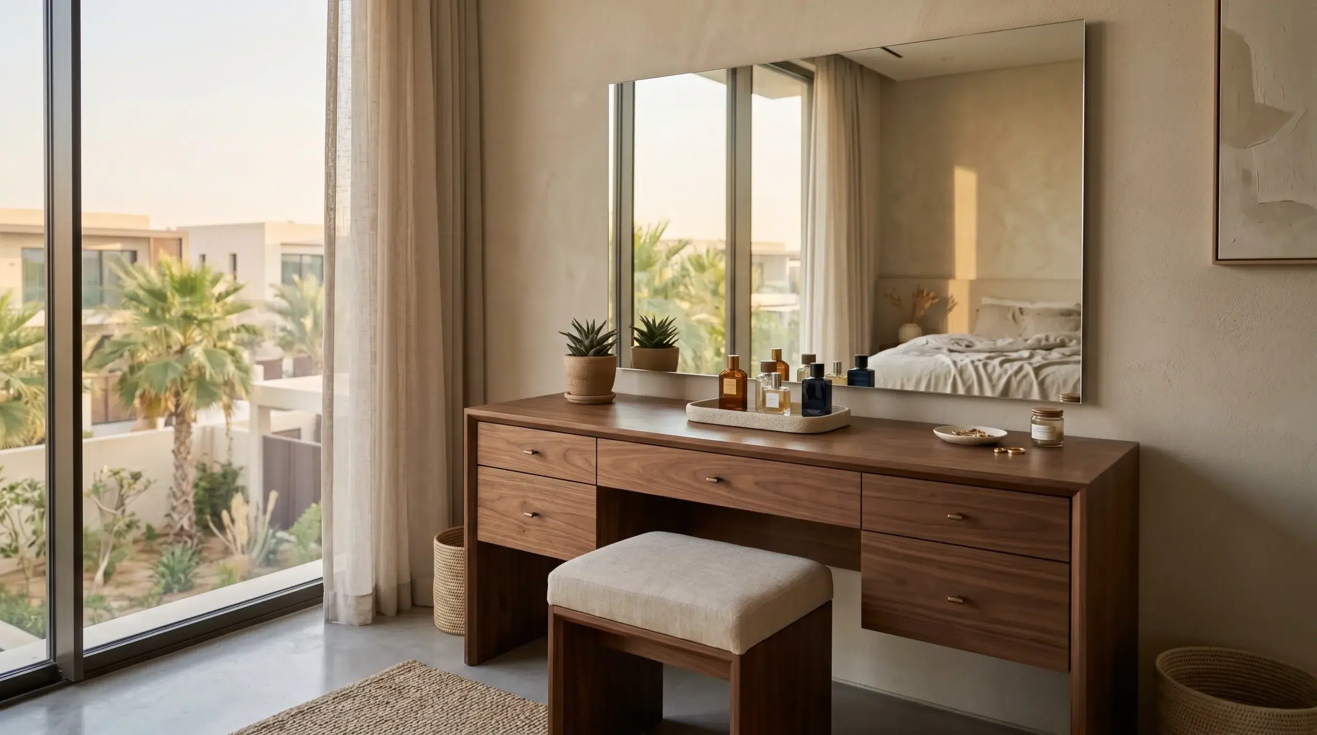 Premium dressing tables Dubai — wide wooden vanity table with mirror in a modern UAE villa bedroom by Karnak Home