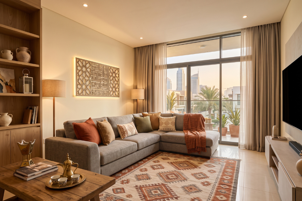 Grey fabric L-shape sofa in UAE family living room