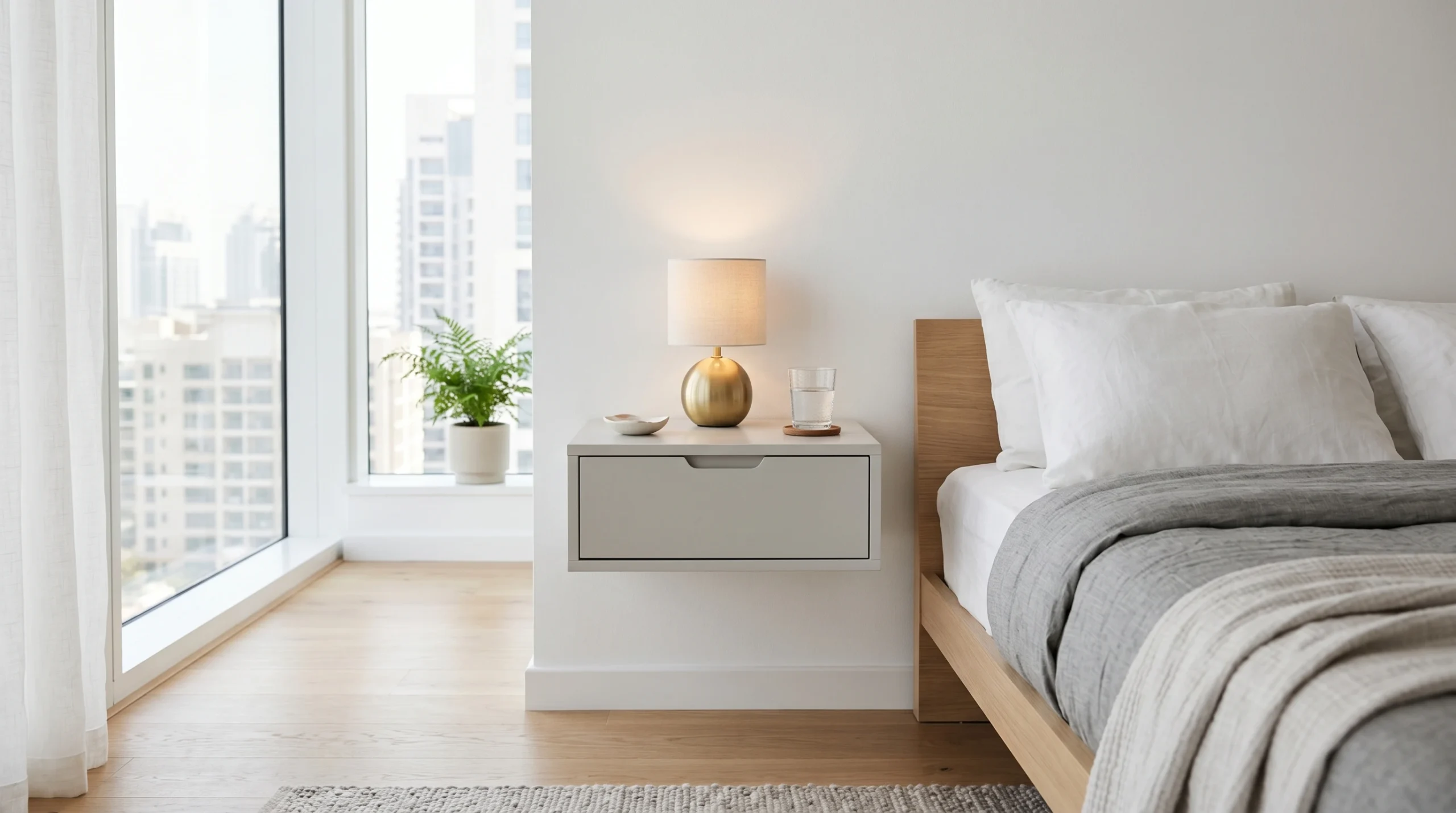 Floating wall-mounted bedside table Dubai — grey lacquer nightstand for UAE apartment bedrooms by Karnak Home