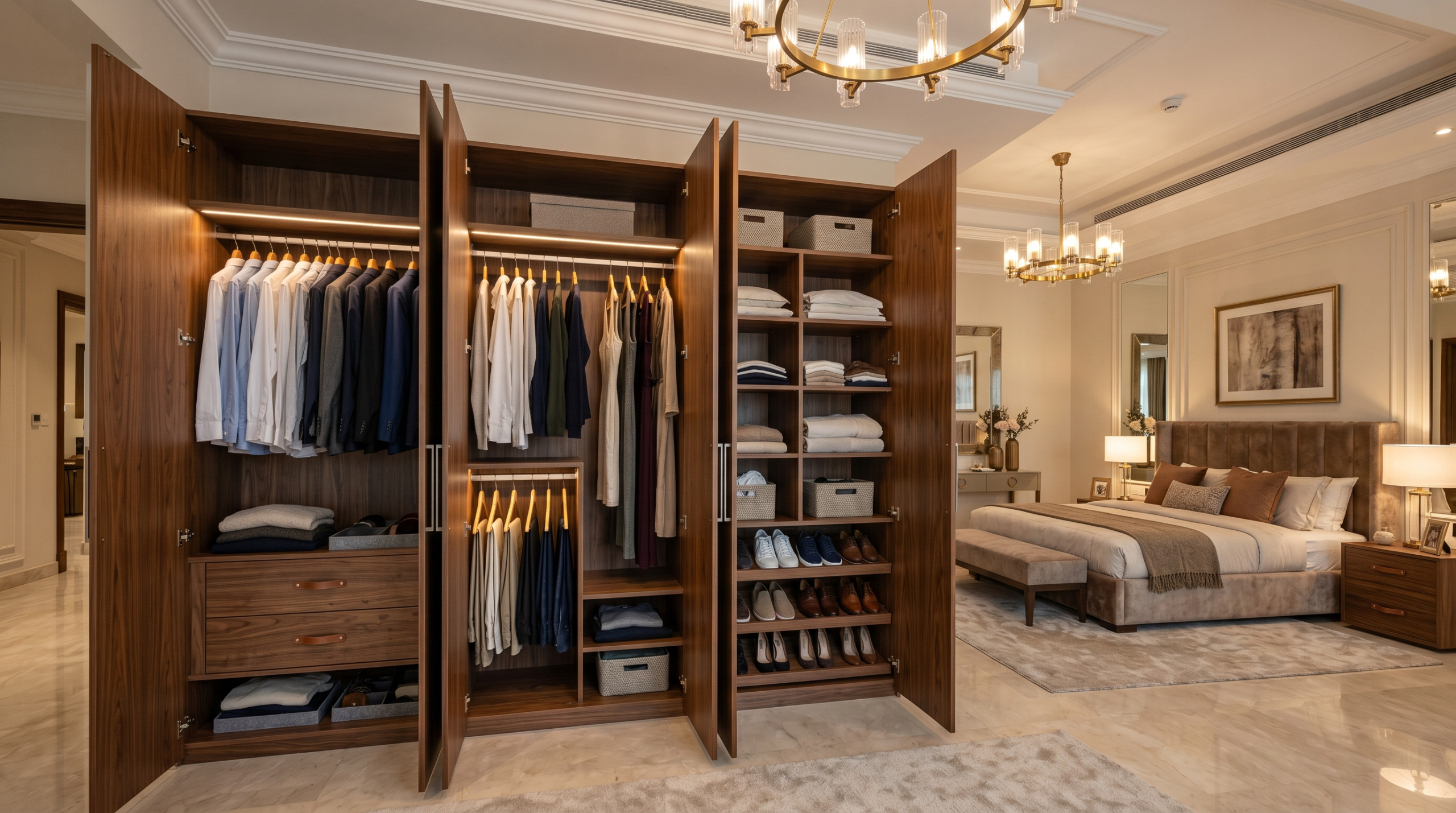 Hinged door wardrobe Dubai — Karnak Home villa bedroom storage
