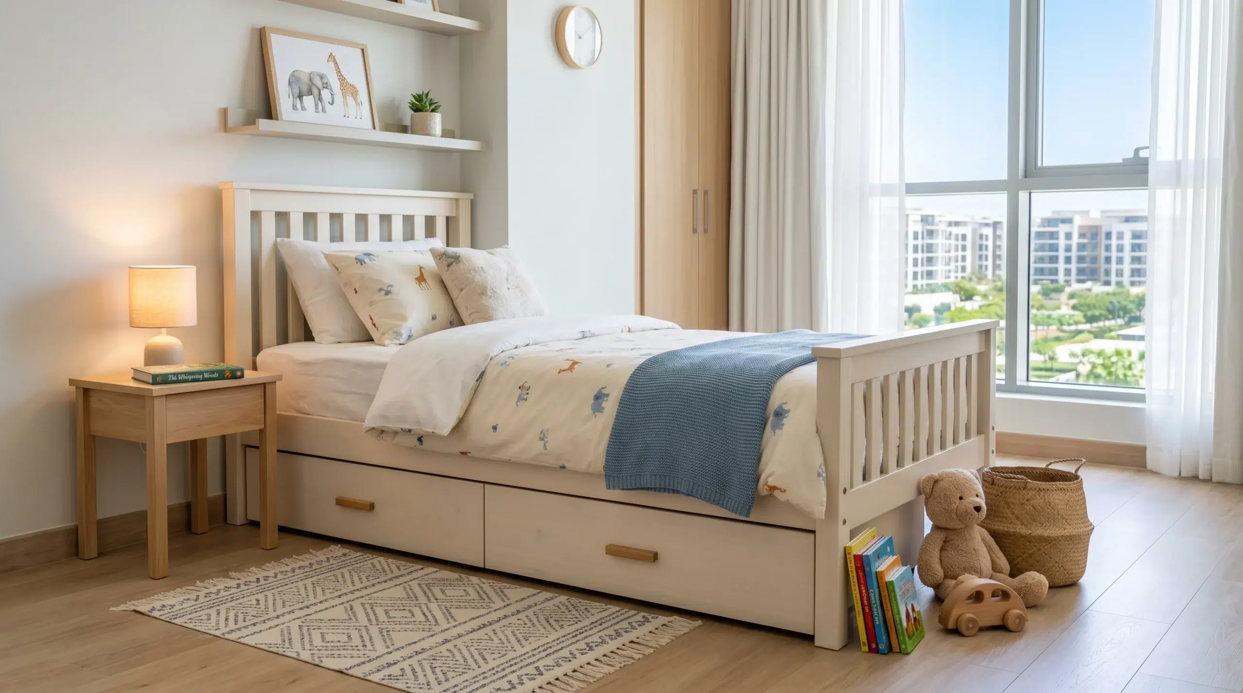 Kids bed Dubai, single storage bed in white wood finish for children's bedroom