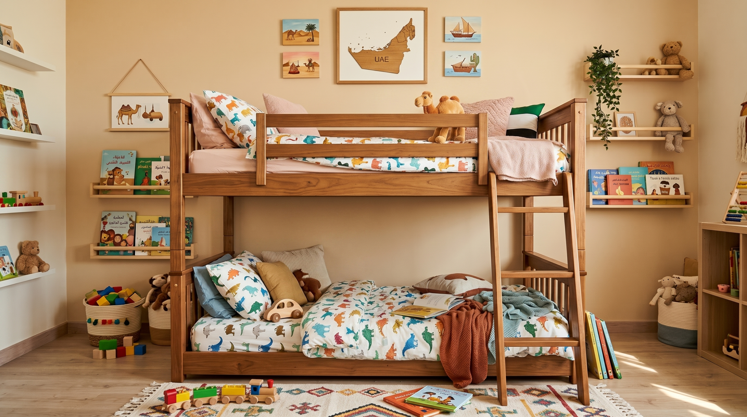 Kids bunk beds Dubai — safe wooden bunk bed in a UAE family bedroom