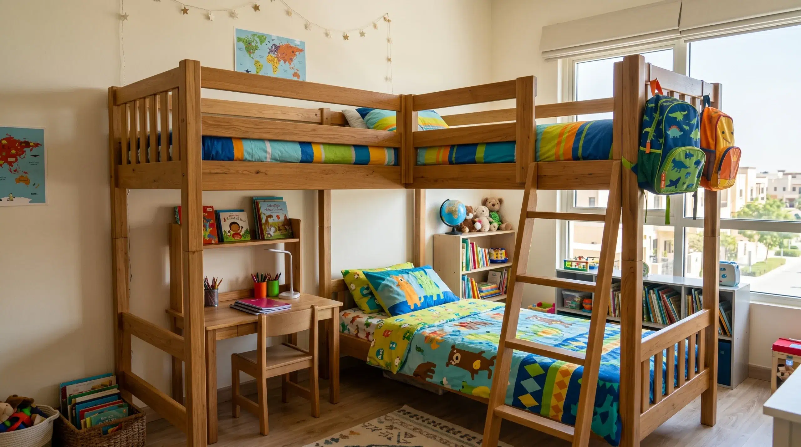 Kids bunk beds Dubai, L-shaped bunk bed with study space for shared children's bedroom