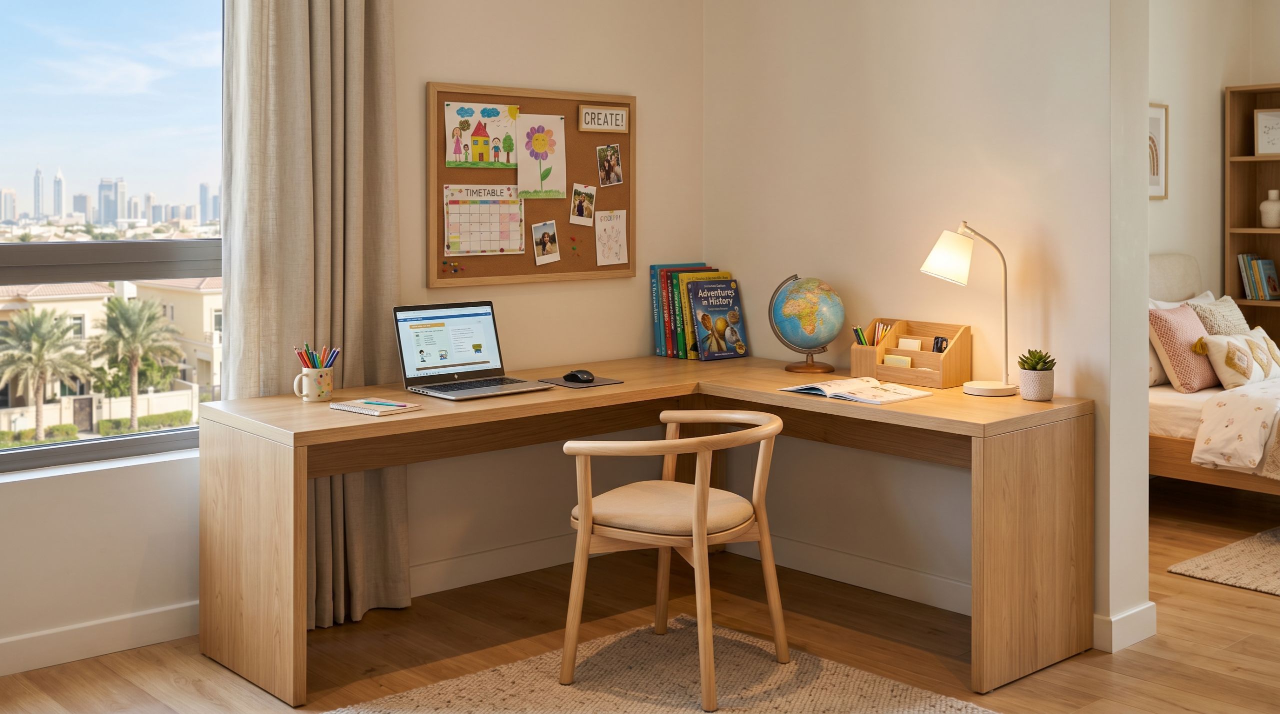 Kids corner study desk Dubai — L-shaped children's desk in a UAE villa bedroom by Karnak Home