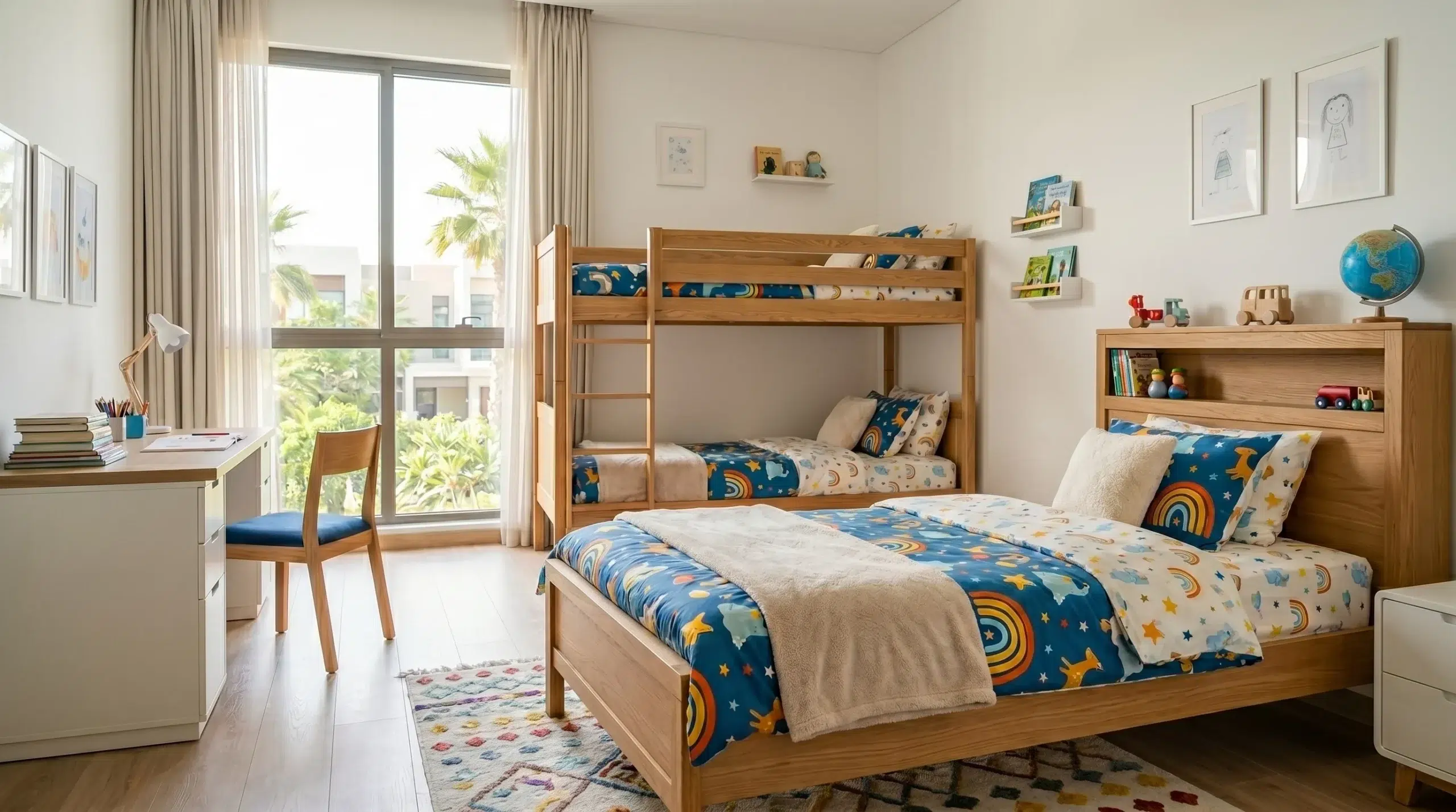 Kids furniture Dubai, complete children's bedroom setup with bed, bunk bed and study desk