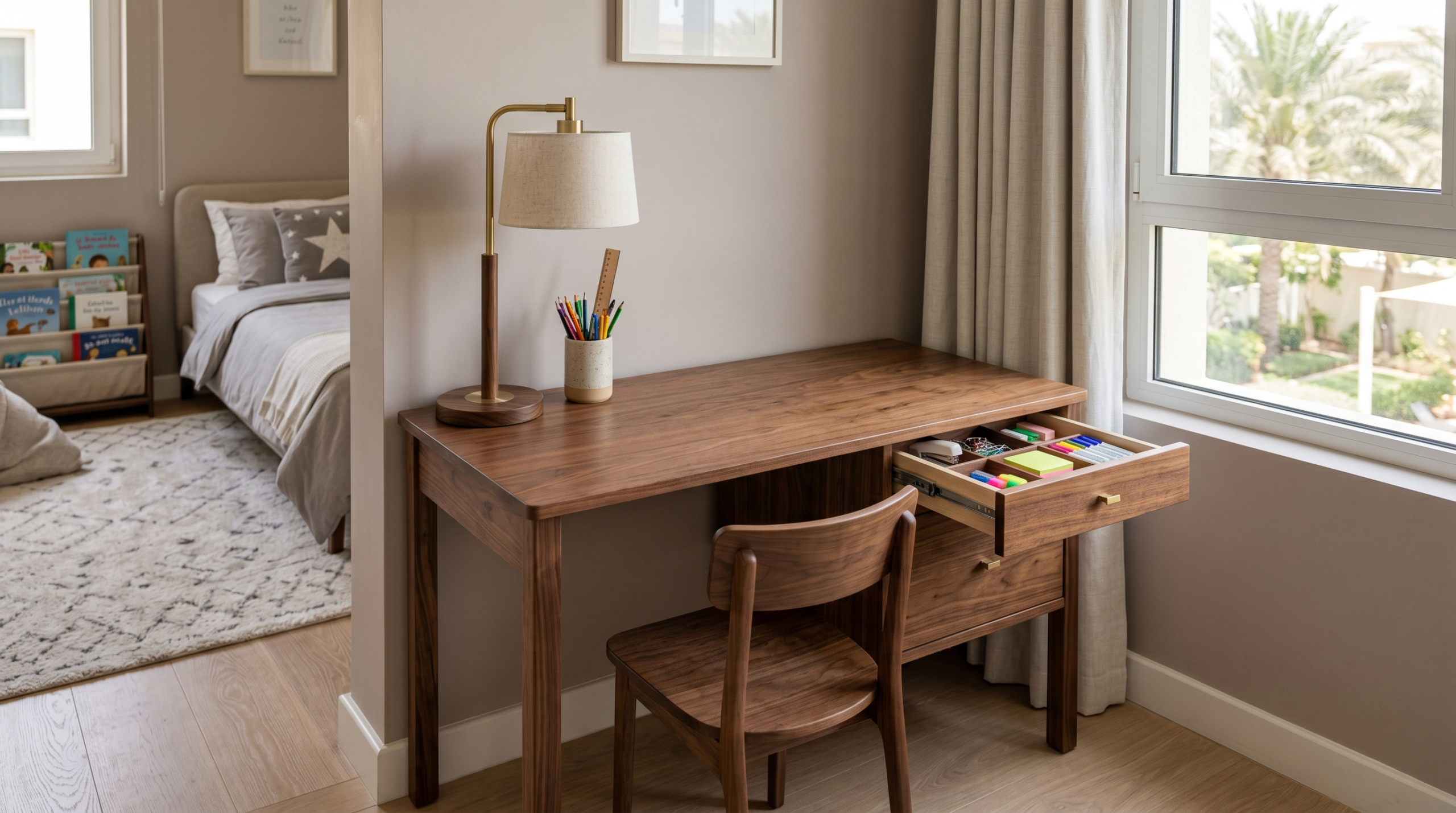 Kids study table with drawers Dubai — walnut children's desk with integrated storage in a UAE villa bedroom by Karnak Home
