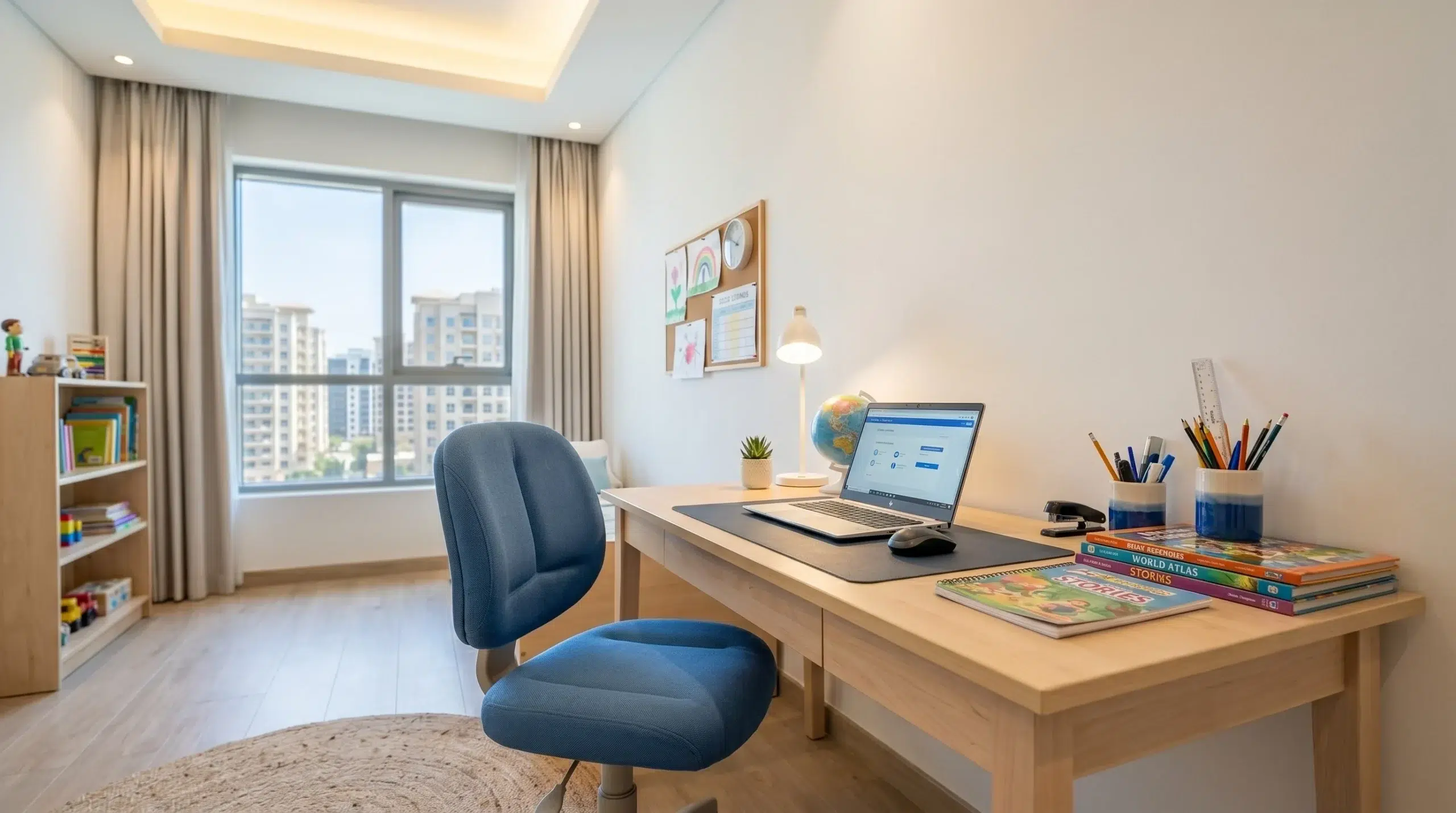 Kids study table Dubai, ergonomic children's desk in light wood for UAE home study spaces