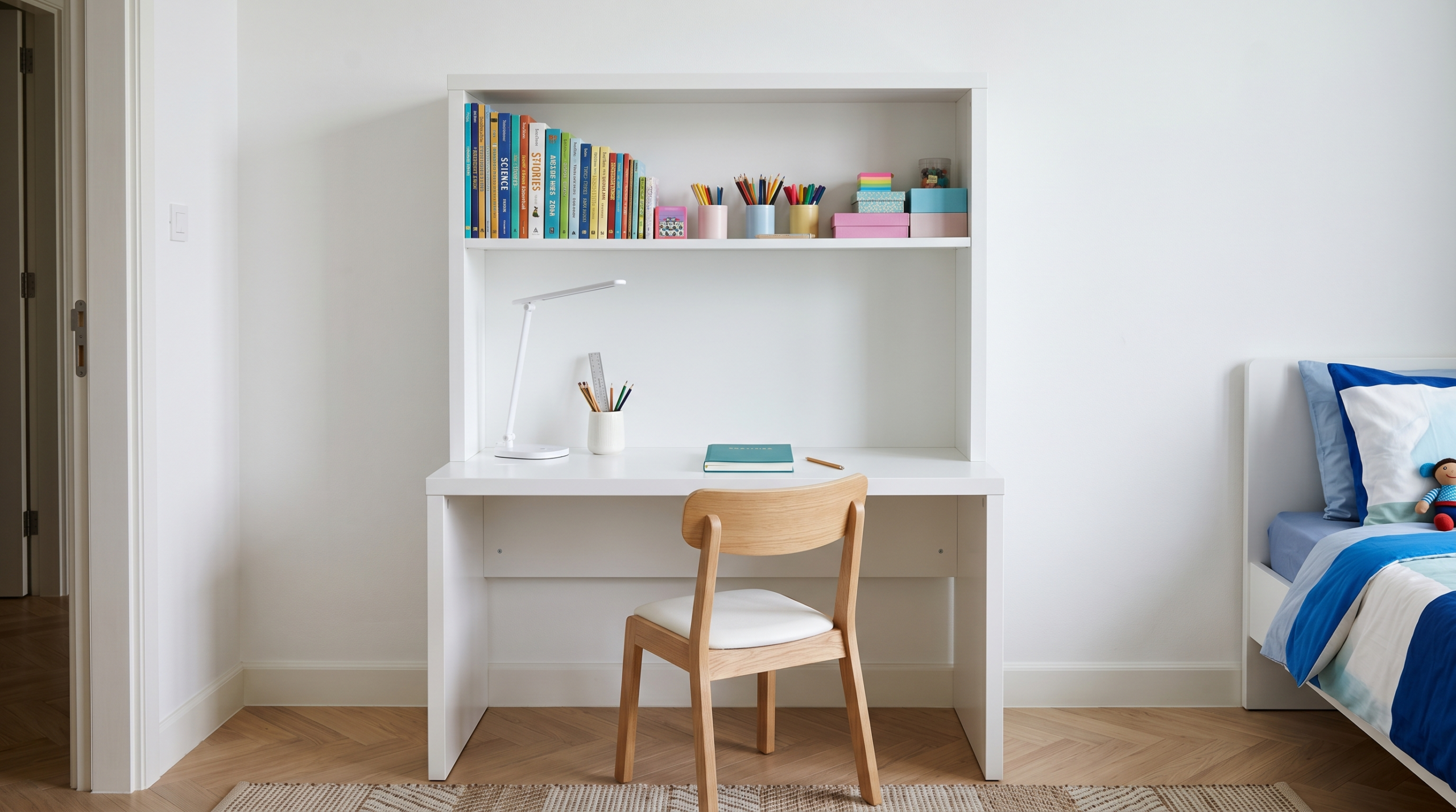 Kids study table with shelf Dubai — white lacquer children's desk with overhead storage in a UAE apartment bedroom by Karnak Home