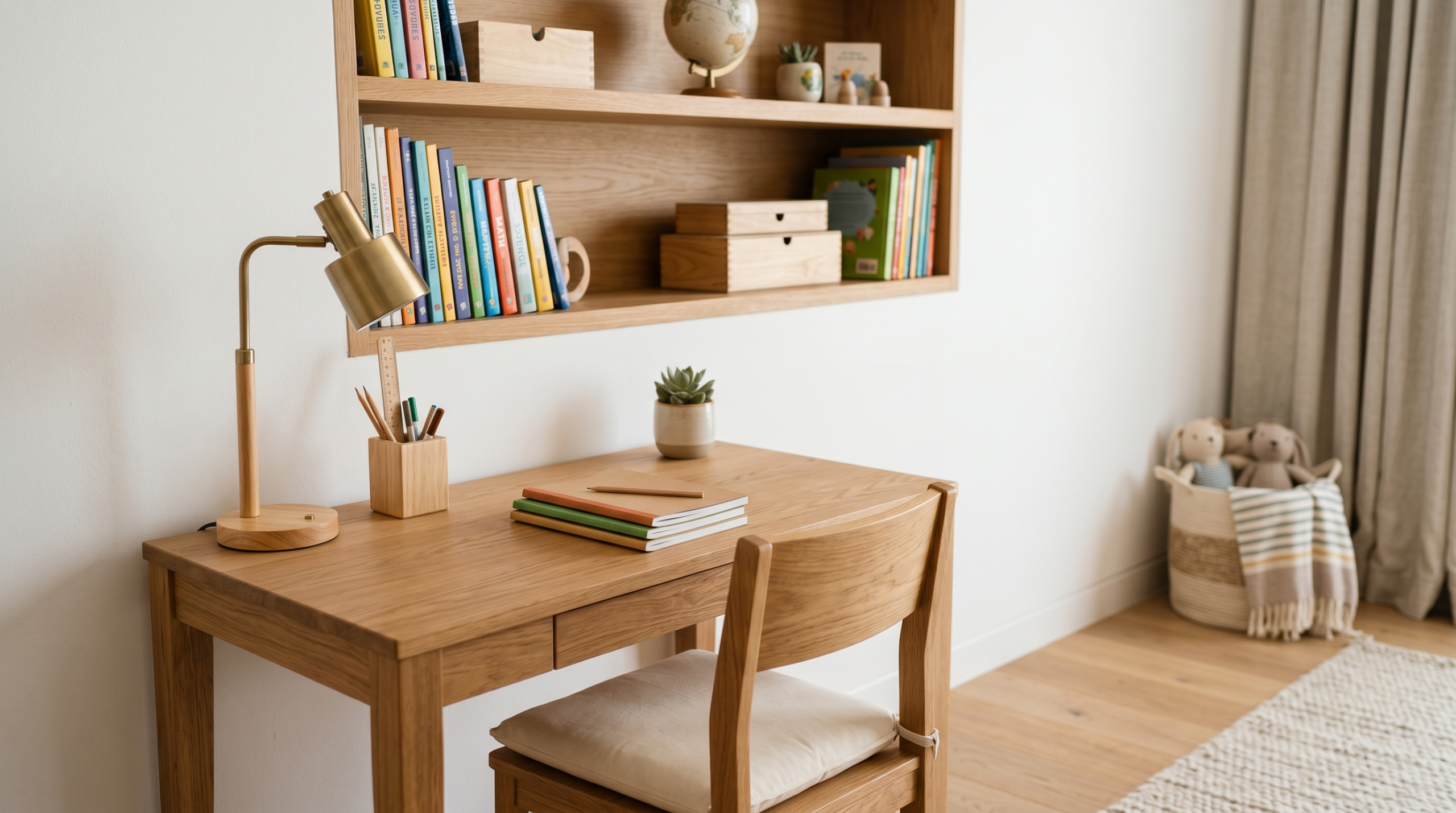 Premium kids study tables Dubai — natural oak children's desk with shelf and chair in a UAE villa bedroom by Karnak Home
