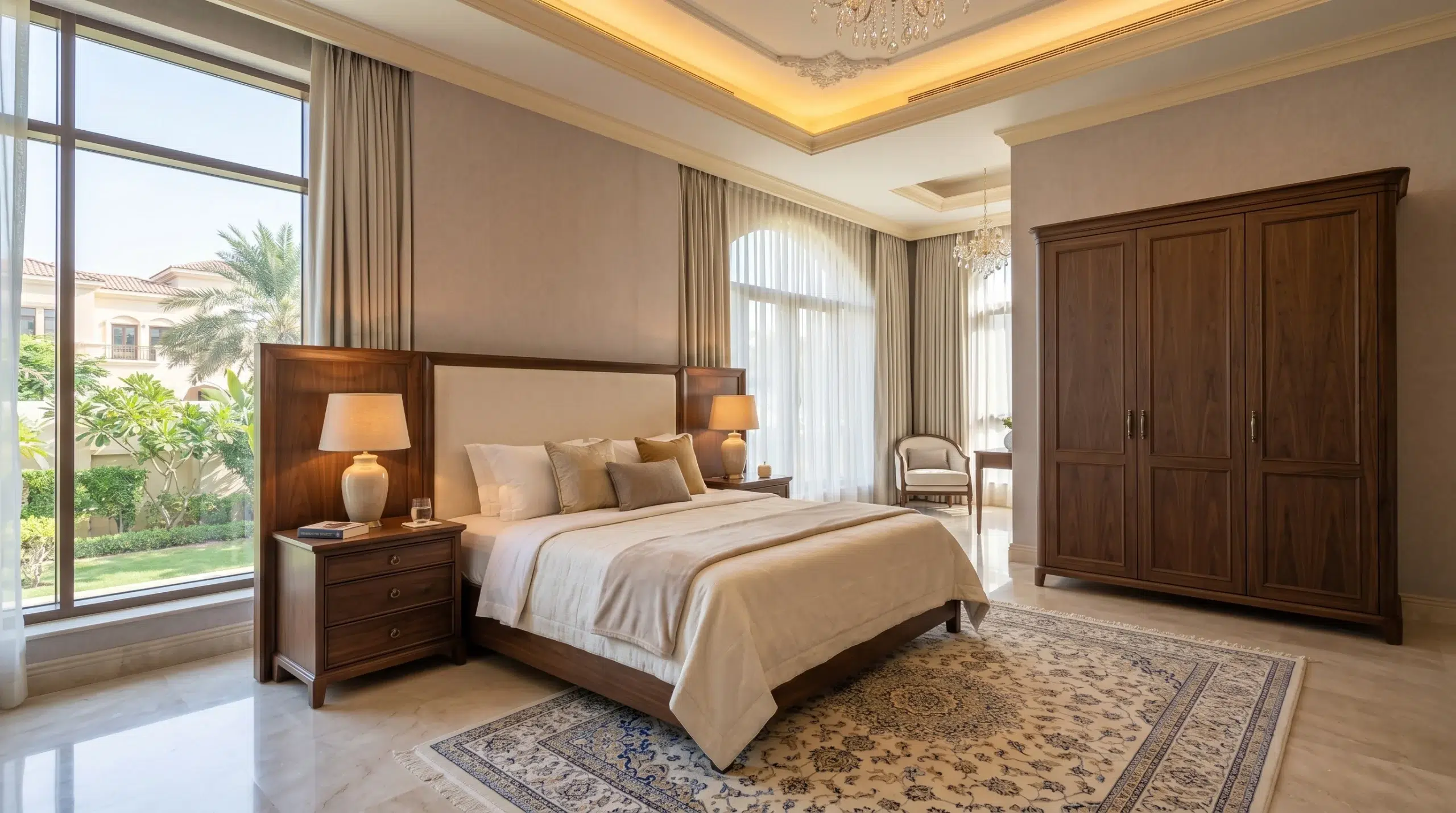 King bedroom set Dubai — matching bed, wardrobe, and bedside tables in UAE villa by Karnak Home