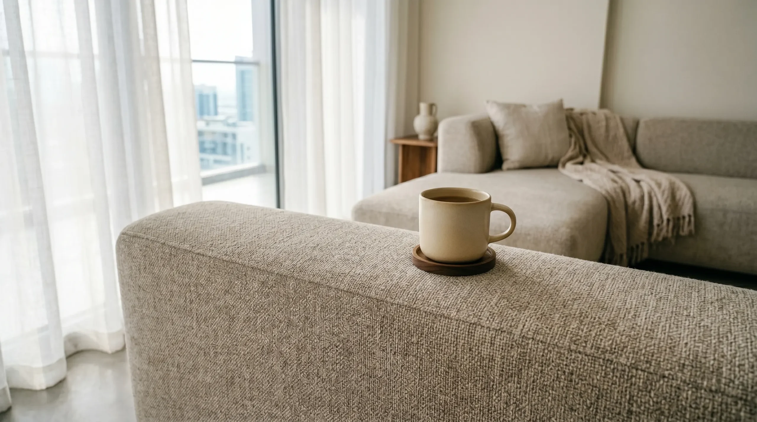 Performance fabric L shape sofa close-up suitable for UAE apartment living