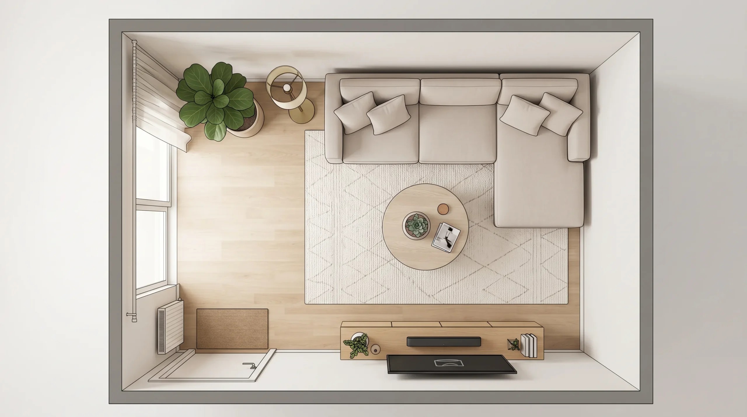 L shape sofa layout diagram for a small UAE apartment living room