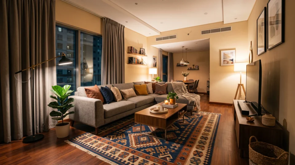 Styled L shape sofa in a compact UAE apartment with warm evening lighting