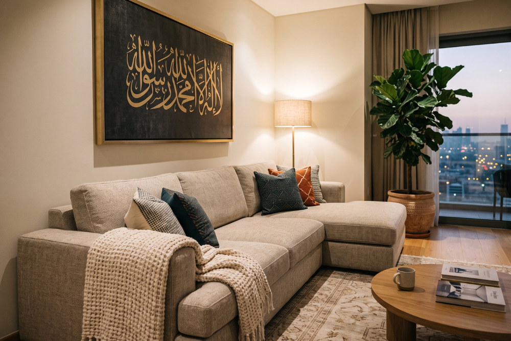 L-shape sofa in UAE living room evening interior setting