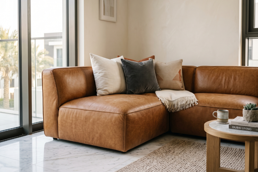 Leather L-shape sofa in UAE apartment living room