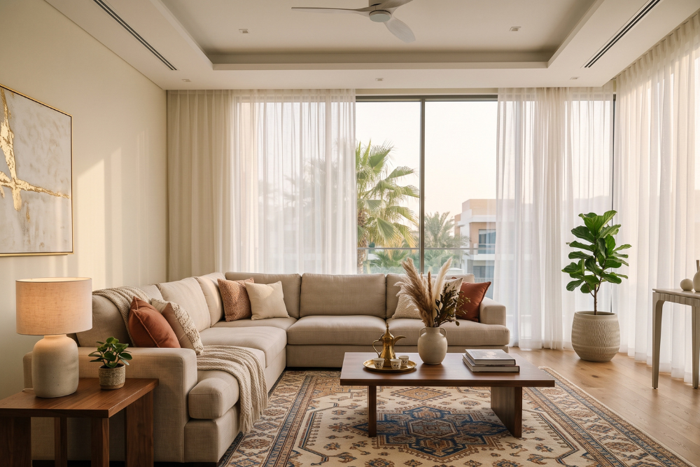 Leather vs fabric L-shape sofa in UAE living room setting