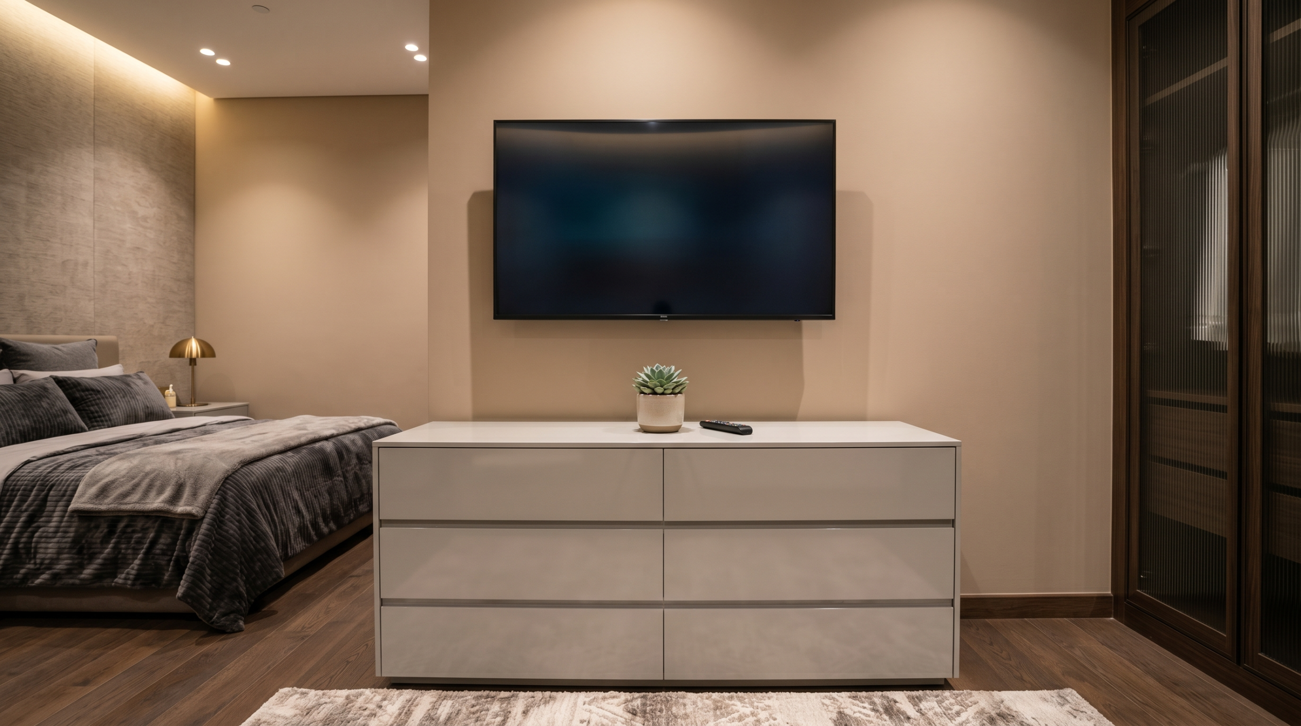 Low chest of drawers Dubai ā wide grey lacquer bedroom storage unit with surface display space by Karnak Home