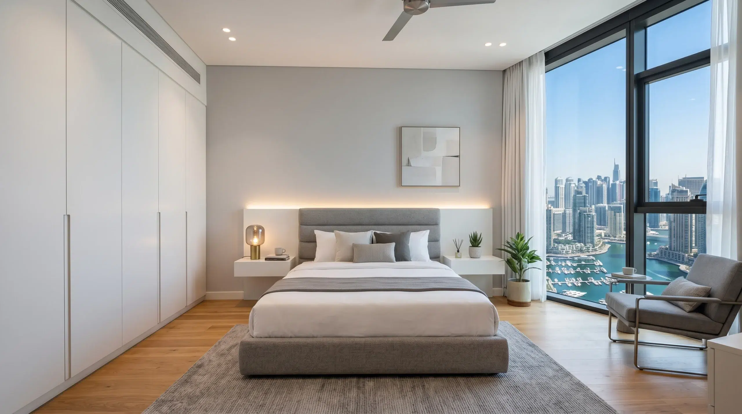 Modern bedroom set Dubai — contemporary white lacquer apartment furniture set by Karnak Home