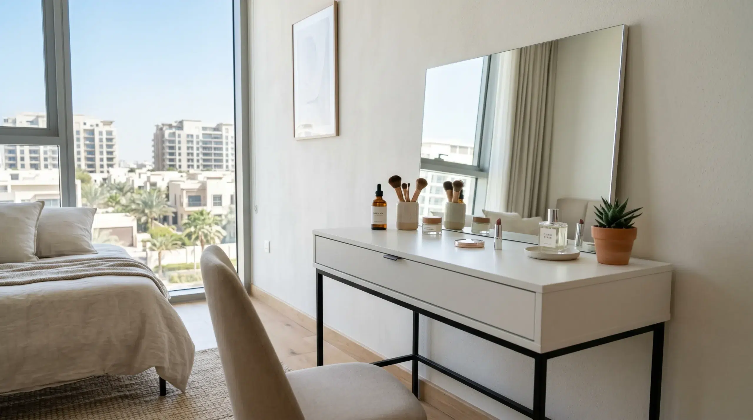 Modern dressing table Dubai — white lacquer minimalist vanity unit for apartment bedrooms by Karnak Home