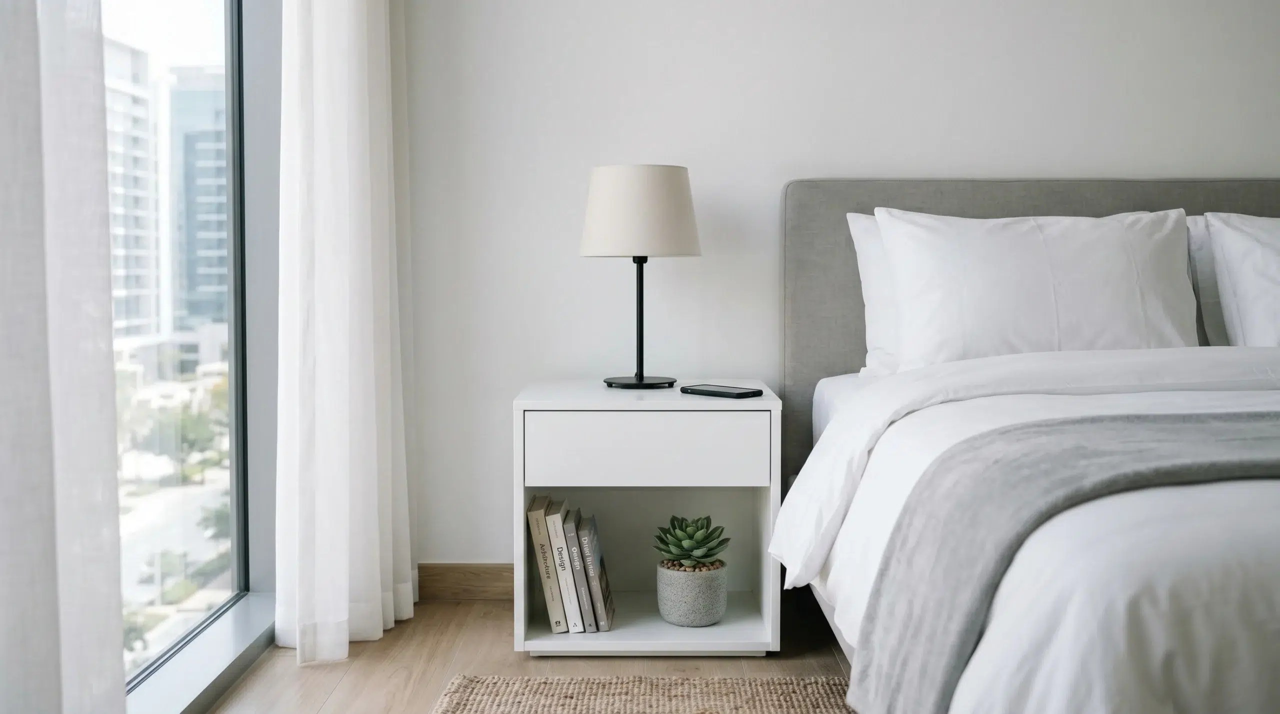 Open shelf bedside table Dubai — white lacquer nightstand with open storage for UAE apartment bedrooms by Karnak Home