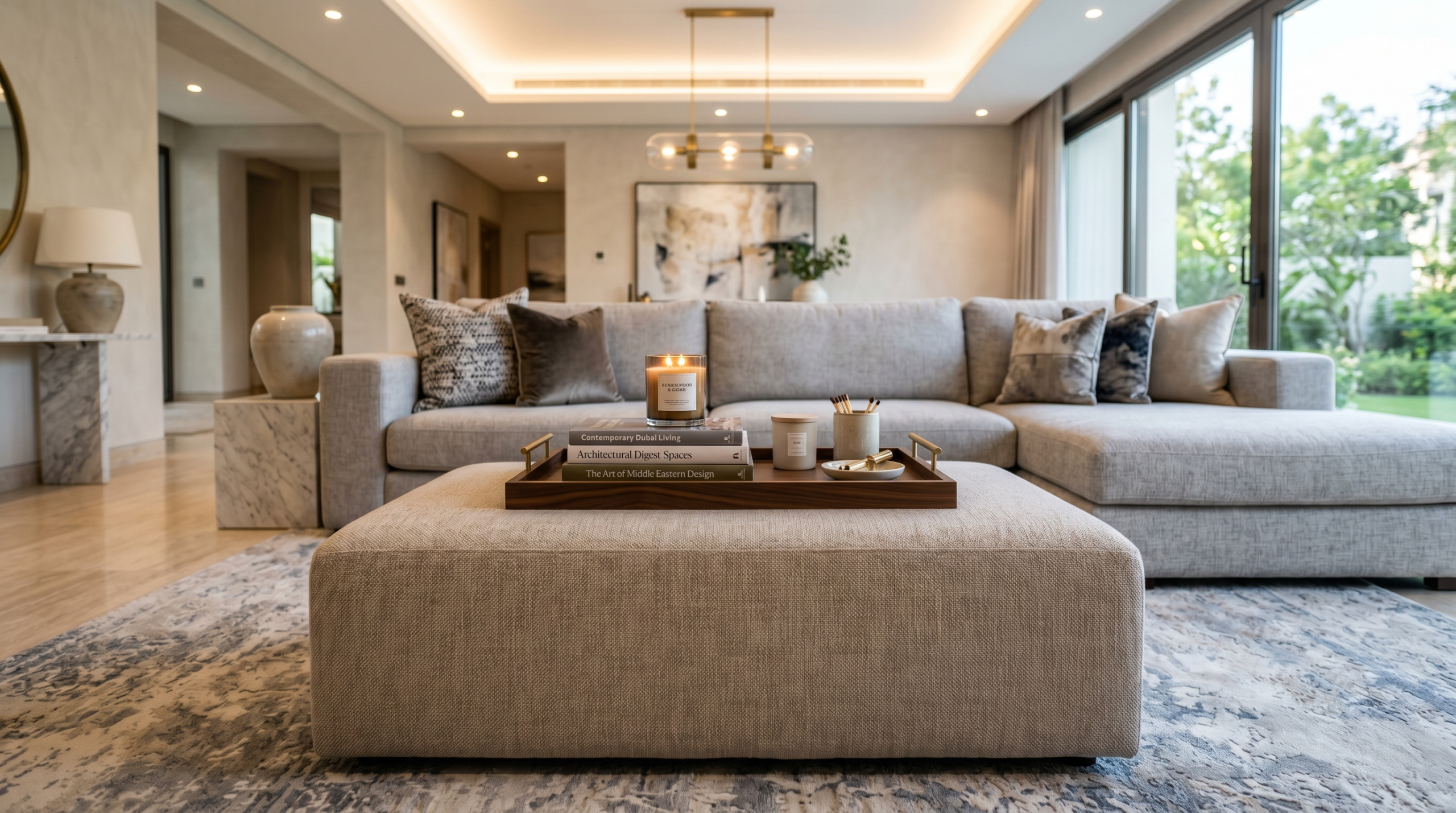 Rectangular ottoman used as coffee table Dubai — Karnak Home villa living room