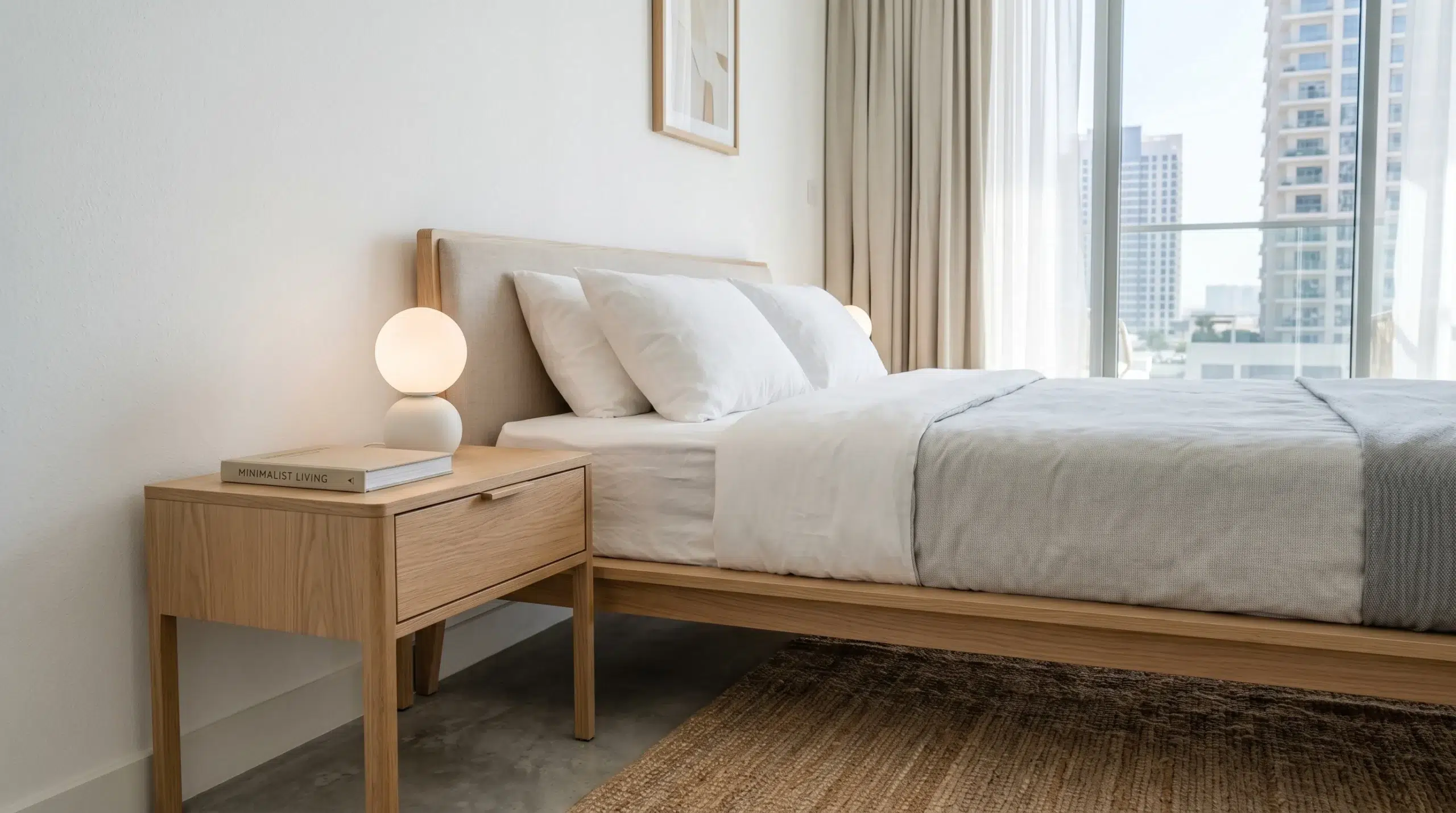 Single-drawer bedside table Dubai — slim oak nightstand for apartment bedrooms by Karnak Home UAE