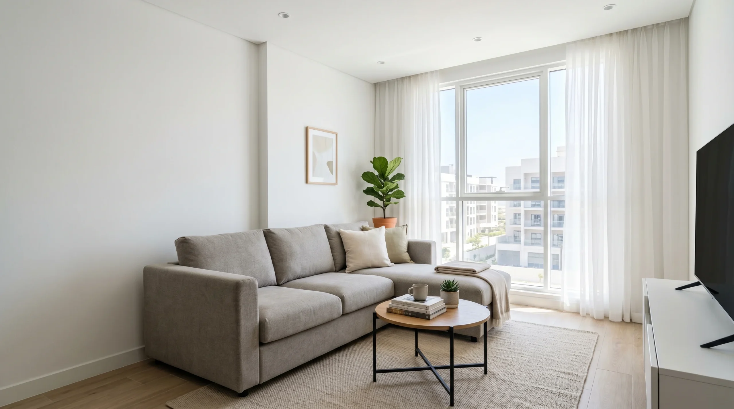 Small apartment L shape sofa in a modern UAE home with minimalist decor