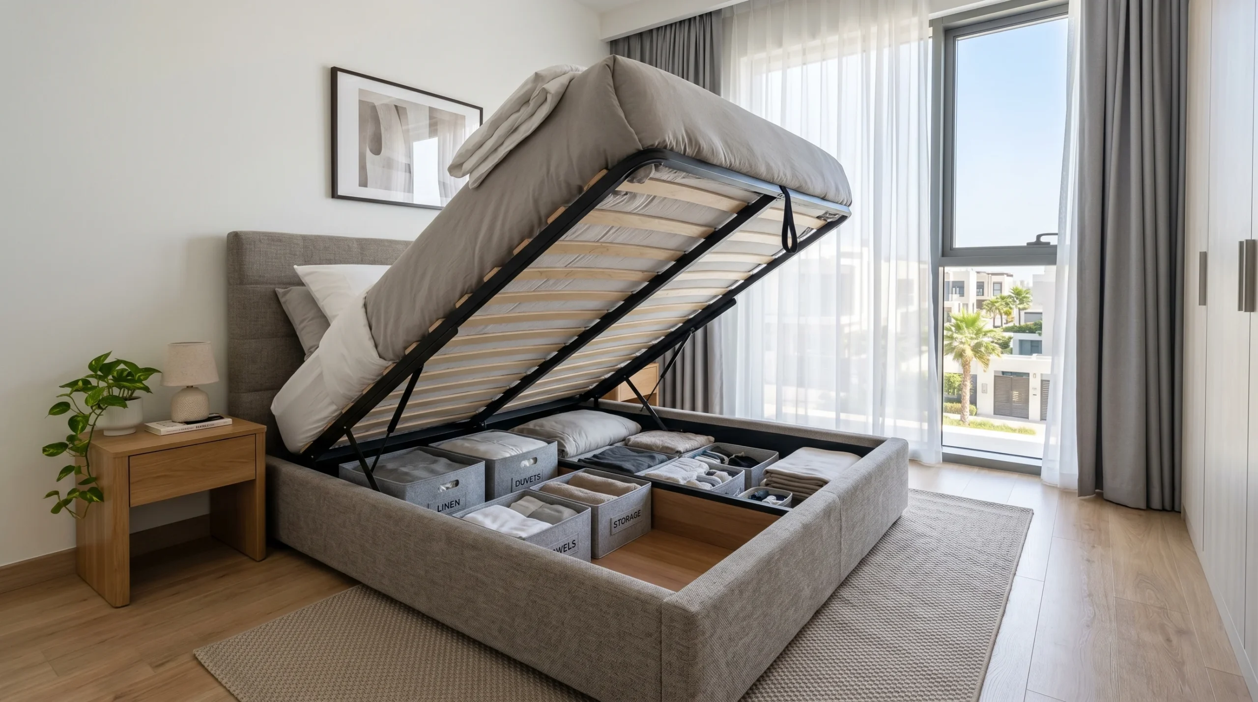 Storage upholstered bed Dubai — hydraulic lift bed Karnak Home UAE