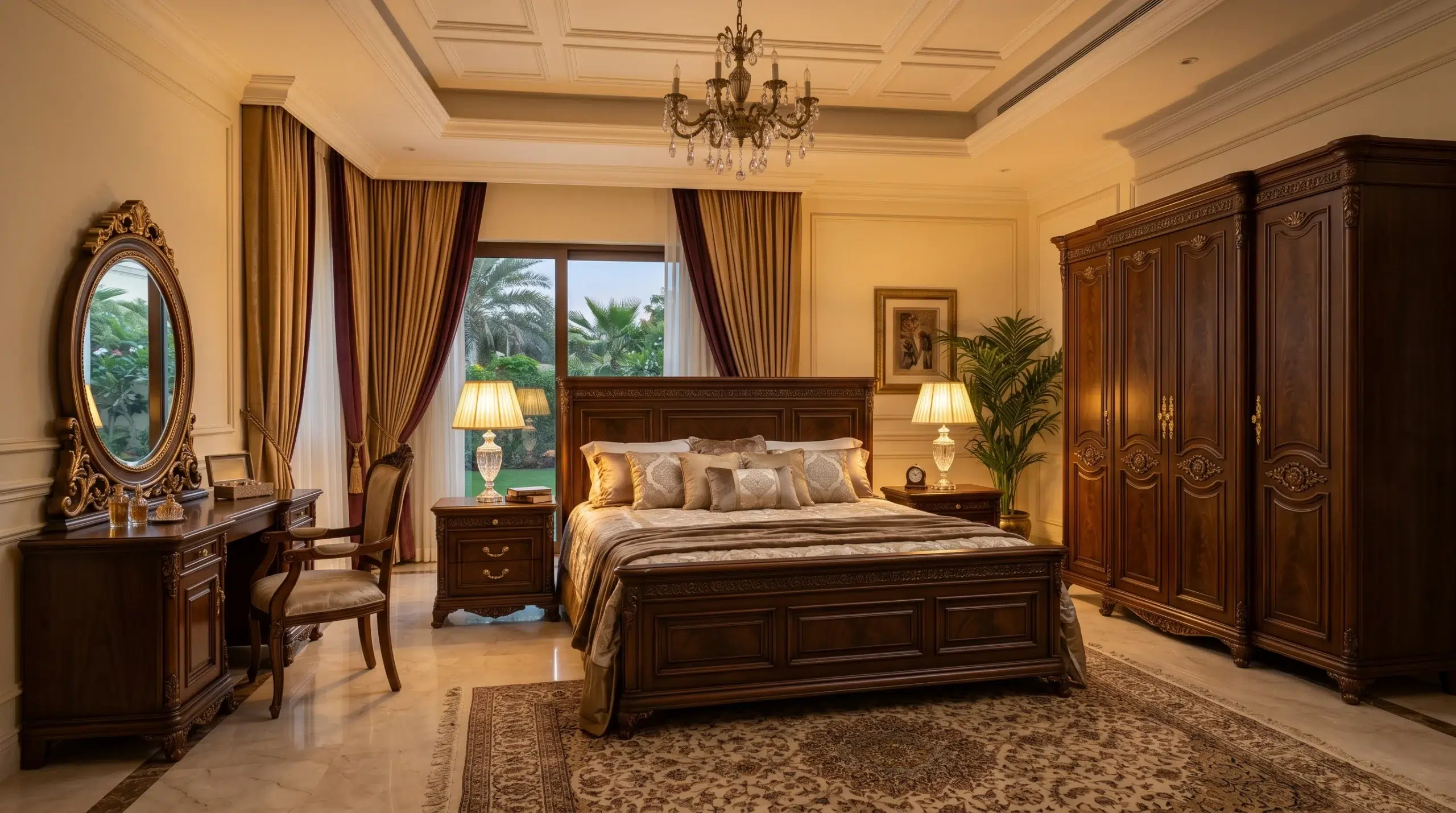 Traditional bedroom set Dubai — classic walnut wood bedroom furniture in UAE villa by Karnak Home
