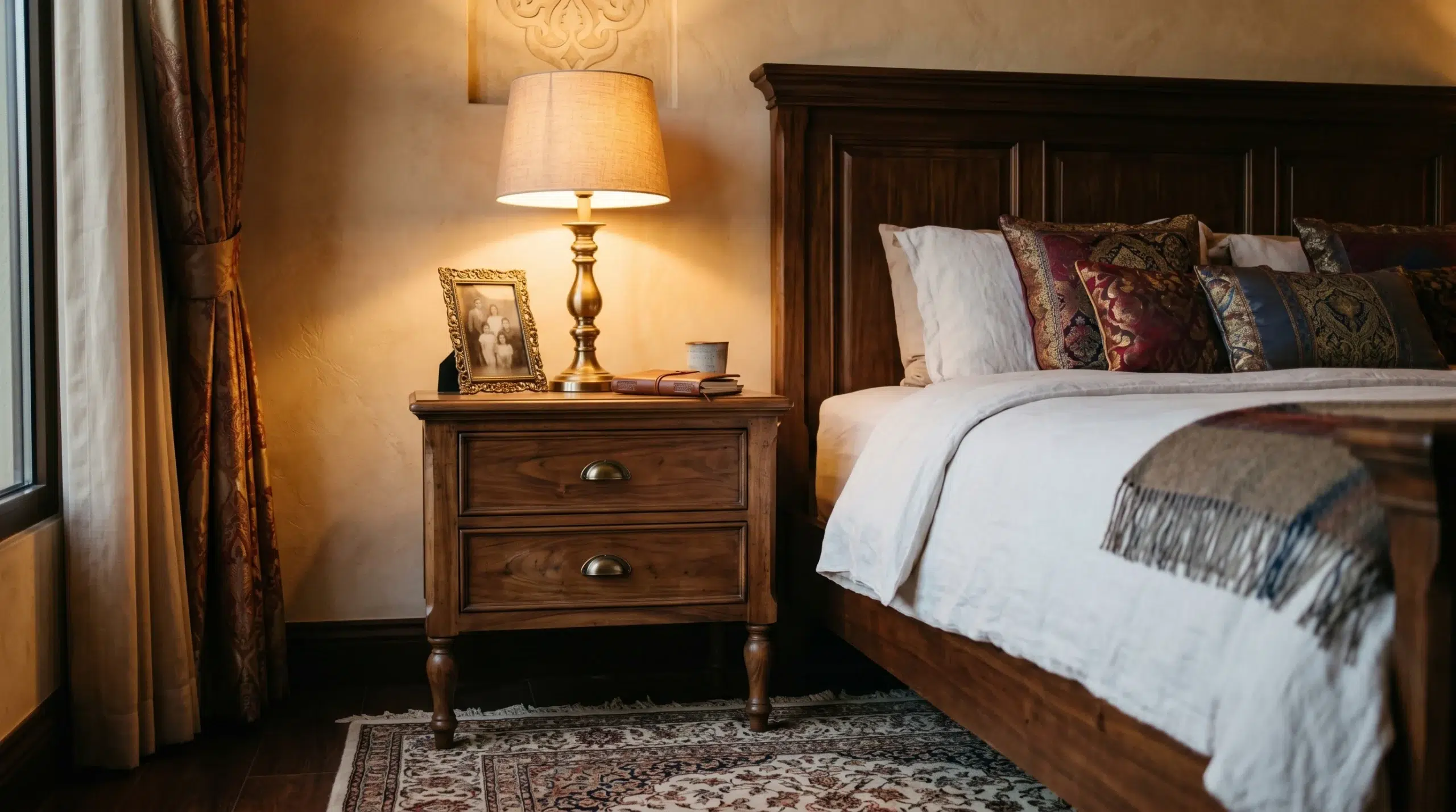 Traditional bedside table Dubai — walnut nightstand with brass hardware in a classic UAE villa bedroom by Karnak Home