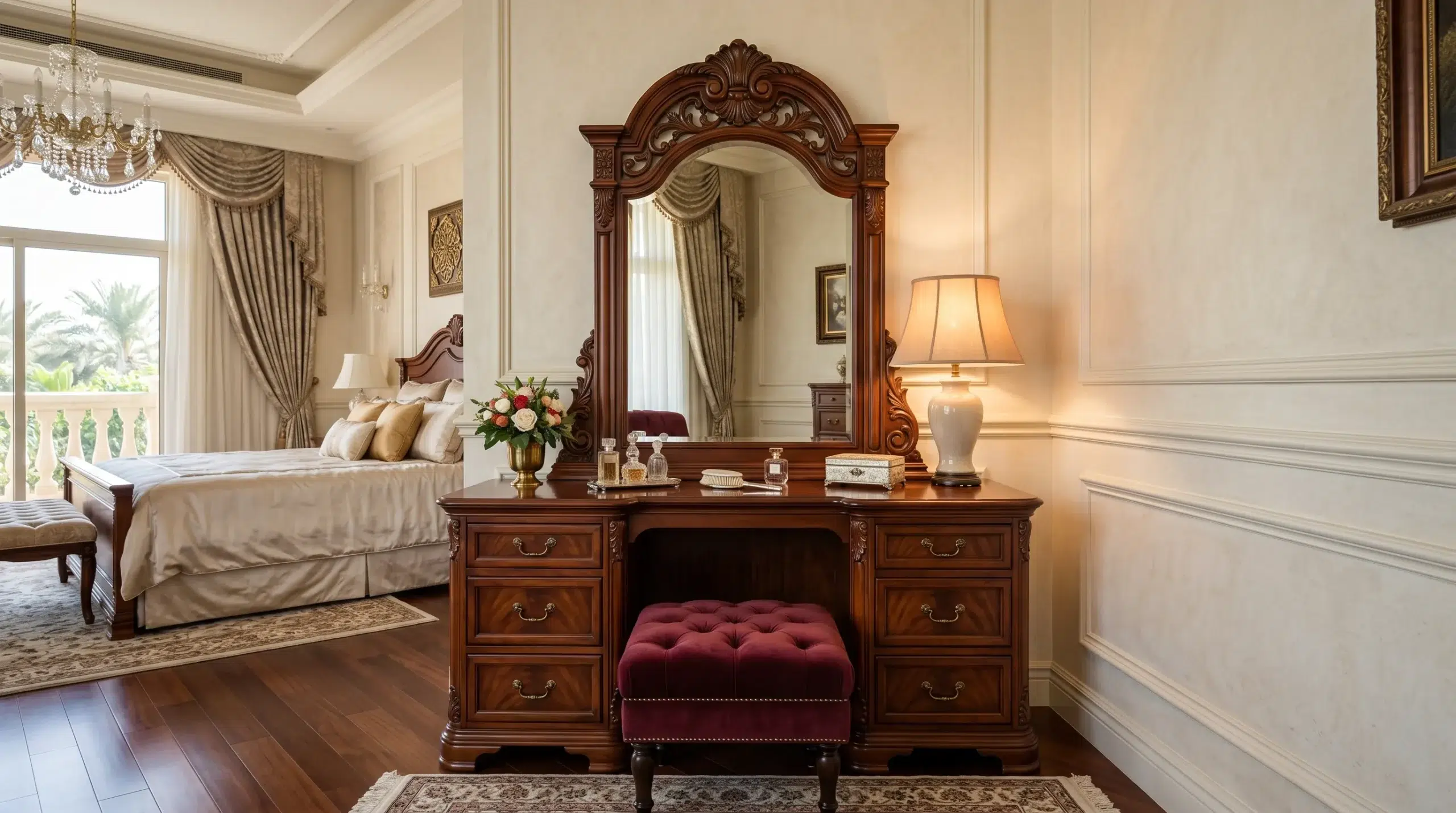Traditional dressing table Dubai — mahogany wood vanity unit with ornate mirror in a UAE villa bedroom by Karnak Home